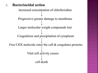 2. Bacteriocidal action
increased concentration of chlorhexidine
Progressive greater damage to membrane
Larger molecular weight compounds lost
Coagulation and precipitation of cytoplasm
Free CHX molecule enter the cell & coagulates proteins
Vital cell activity ceases
cell death
 