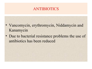 ANTIBIOTICS
• Vancomycin, erythromycin, Niddamycin and
Kanamycin
• Due to bacterial resistance problems the use of
antibiotics has been reduced
 