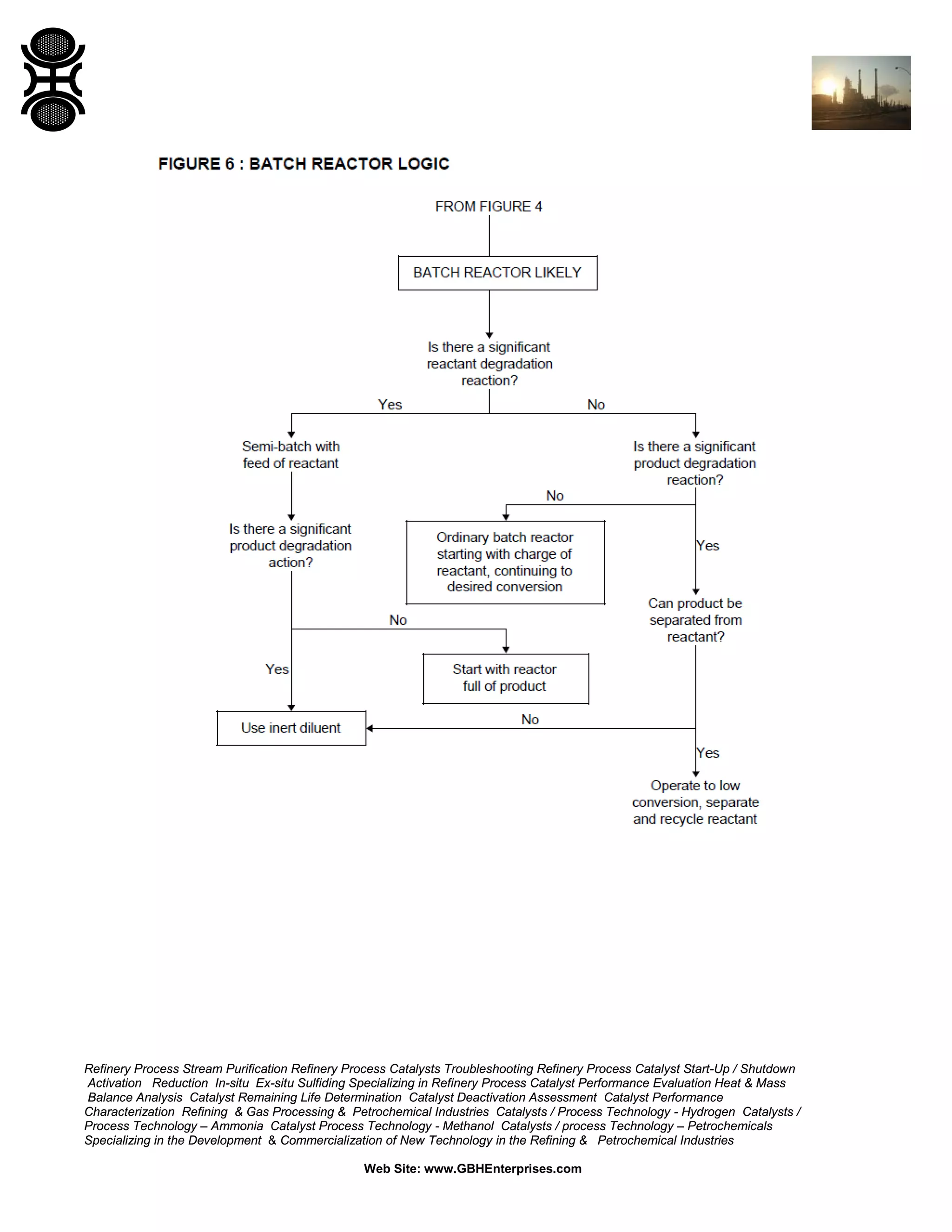 Refinery Process Stream Purification Refinery Process Catalysts Troubleshooting Refinery Process Catalyst Start-Up / Shutdown
Activation Reduction In-situ Ex-situ Sulfiding Specializing in Refinery Process Catalyst Performance Evaluation Heat & Mass
Balance Analysis Catalyst Remaining Life Determination Catalyst Deactivation Assessment Catalyst Performance
Characterization Refining & Gas Processing & Petrochemical Industries Catalysts / Process Technology - Hydrogen Catalysts /
Process Technology – Ammonia Catalyst Process Technology - Methanol Catalysts / process Technology – Petrochemicals
Specializing in the Development & Commercialization of New Technology in the Refining & Petrochemical Industries
Web Site: www.GBHEnterprises.com

 