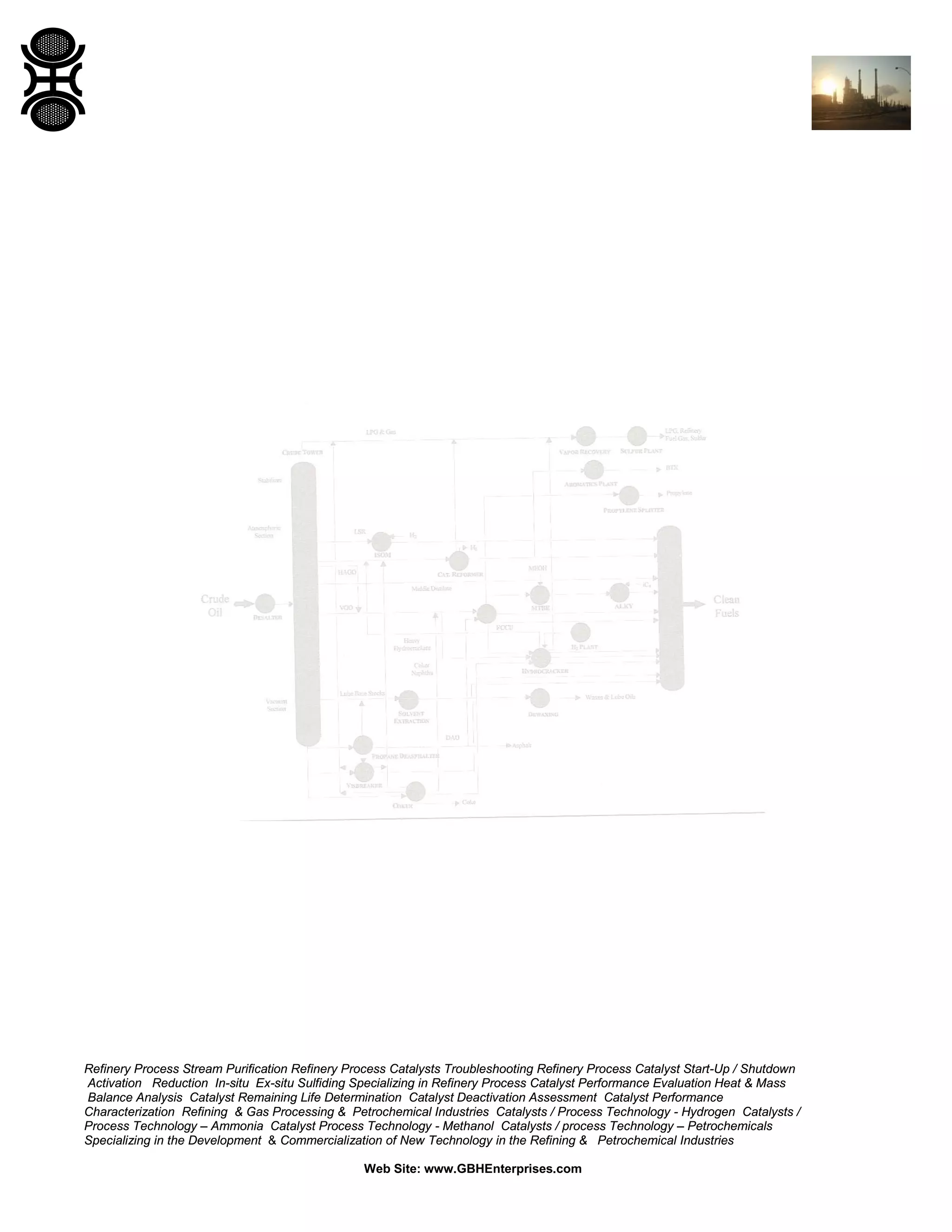 Refinery Process Stream Purification Refinery Process Catalysts Troubleshooting Refinery Process Catalyst Start-Up / Shutdown
Activation Reduction In-situ Ex-situ Sulfiding Specializing in Refinery Process Catalyst Performance Evaluation Heat & Mass
Balance Analysis Catalyst Remaining Life Determination Catalyst Deactivation Assessment Catalyst Performance
Characterization Refining & Gas Processing & Petrochemical Industries Catalysts / Process Technology - Hydrogen Catalysts /
Process Technology – Ammonia Catalyst Process Technology - Methanol Catalysts / process Technology – Petrochemicals
Specializing in the Development & Commercialization of New Technology in the Refining & Petrochemical Industries
Web Site: www.GBHEnterprises.com

 