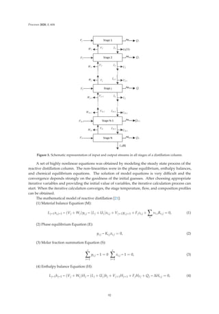 Processes 2020, 8, 604
Figure 3. Schematic representation of input and output streams in all stages of a distillation column.
A set of highly nonlinear equations was obtained by modeling the steady state process of the
reactive distillation column. The non-linearities were in the phase equilibrium, enthalpy balances,
and chemical equilibrium equations. The solution of model equations is very diﬃcult and the
convergence depends strongly on the goodness of the initial guesses. After choosing appropriate
iterative variables and providing the initial value of variables, the iterative calculation process can
start. When the iterative calculation converges, the stage temperature, ﬂow, and composition proﬁles
can be obtained.
The mathematical model of reactive distillation [21]:
(1) Material balance Equation (M):
Lj−1xi,j−1 − (Vj + Wj)yi,j − (Lj + Uj)xi,j + Vj+1yi,j+1 + Fjzi,j +

r
υr,iRr,j = 0, (1)
(2) Phase equilibrium Equation (E):
yi,j − Ki,jxi,j = 0, (2)
(3) Molar fraction summation Equation (S):
c

i=1
yi,j − 1 = 0
c

i=1
xi,j − 1 = 0, (3)
(4) Enthalpy balance Equation (H):
Lj−1hj−1 − (Vj + Wj)Hj − (Lj + Uj)hj + Vj+1Hj+1 + FjHFj + Qj − ΔHr,j = 0, (4)
92
 