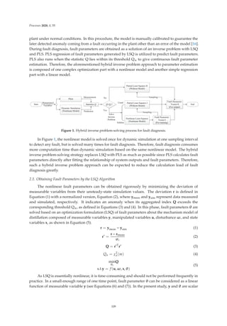 Processes 2020, 8, 55
plant under normal conditions. In this procedure, the model is manually calibrated to guarantee the
later detected anomaly coming from a fault occurring in the plant other than an error of the model [16].
During fault diagnosis, fault parameters are obtained as a solution of an inverse problem with LSQ
and PLS. PLS regression of fault parameters generated by LSQ is utilized to predict fault parameters.
PLS also runs when the statistic Q lies within its threshold Qα to give continuous fault parameter
estimation. Therefore, the aforementioned hybrid inverse problem approach to parameter estimation
is composed of one complex optimization part with a nonlinear model and another simple regression
part with a linear model.
4!4Į
3DUWLDO/HDVW6TXDUHV,
:LWKRXW0RGHO
6WDWLVWLFV4
3ODQW
'QDPLF6LPXODWLRQ
1RQOLQHDU0RGHO
3DUWLDO/HDVW6TXDUHV,,
:LWKRXW0RGHO
1RQOLQHDU/HDVW6TXDUHV
1RQOLQHDU0RGHO
)DXOW3DUDPHWHU
9HFWRU,,
)RURXWSXW
)DXOW3DUDPHWHU
9HFWRU,
)RUWUDLQLQJ
6DPSOLQJ
1R
6ROYH
,QYHUVH
3UREOHP
0HDVXUHPHQW
3UHGLFWLRQ
0DQLSXODWHG
9DULDEOHV
HV
8VXDO
6HOGRP
6DPSOLQJ
6WDUW (QG
Figure 1. Hybrid inverse problem-solving process for fault diagnosis.
In Figure 1, the nonlinear model is solved once for dynamic simulation at one sampling interval
to detect any fault, but is solved many times for fault diagnosis. Therefore, fault diagnosis consumes
more computation time than dynamic simulation based on the same nonlinear model. The hybrid
inverse problem-solving strategy replaces LSQ with PLS as much as possible since PLS calculates fault
parameters directly after ﬁtting the relationship of system outputs and fault parameters. Therefore,
such a hybrid inverse problem approach can be expected to reduce the calculation load of fault
diagnosis greatly.
2.1. Obtaining Fault Parameters by the LSQ Algorithm
The nonlinear fault parameters can be obtained rigorously by minimizing the deviation of
measurable variables from their unsteady-state simulation values. The deviation r is deﬁned in
Equation (1) with a normalized version, Equation (2), where ymeas and ysim represent data measured
and simulated, respectively. It indicates an anomaly when its aggregated index Q exceeds the
corresponding threshold Qα, as deﬁned in Equations (3) and (4). In this phase, fault parameters θ are
solved based on an optimization formulation (LSQ) of fault parameters about the mechanism model of
distillation composed of measurable variables y, manipulated variables u, disturbance ω, and state
variables x, as shown in Equation (5).
r = ymeas − ysim (1)
r∗
=
r − rmean
σr
(2)
Q = r∗T
r∗
(3)
Qα = χ2
α(m) (4)
min
θt
Q
s.t.y = f(u, ω, x, θ)
(5)
As LSQ is essentially nonlinear, it is time-consuming and should not be performed frequently in
practice. In a small enough range of one time point, fault parameter θ can be considered as a linear
function of measurable variable y (see Equations (6) and (7)). In the present study, y and θ are scalar
109
 