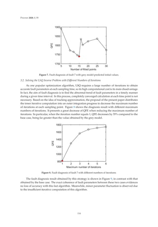 Processes 2020, 8, 55
     





1XPEHURIILWWHGSRLQWV
4)(
Figure 7. Fault diagnosis of fault 7 with grey model-predicted initial values.
3.2. Solving the LSQ Inverse Problem with Diﬀerent Numbers of Iterations
As one popular optimization algorithm, LSQ requires a large number of iterations to obtain
accurate fault parameters at each sampling time, so its high computational cost is its main disadvantage.
In fact, the aim of fault diagnosis is to ﬁnd the abnormal trend of fault parameters in a timely manner
during a given time interval. In this process, completely converged calculation at each time point is not
necessary. Based on the idea of tracking approximation, the proposal of the present paper distributes
the inner iterative computation into an outer integration progress to decrease the maximum number
of iterations at each sampling point. Figure 8 shows the diagnosis result with diﬀerent maximum
numbers of iterations. It presents a great decrease of QFE when reducing the maximum number of
iterations. In particular, when the iteration number equals 1, QFE decreases by 55% compared to the
base case, being far greater than the value obtained by the grey model.
     






0D[LPXPQXPEHURILWHUDWLRQV
4)(
Figure 8. Fault diagnosis of fault 7 with diﬀerent numbers of iterations.
The fault diagnosis result obtained by this strategy is shown in Figure 9, in contrast with that
obtained by the base case. The exact coherence of fault parameters between these two cases evidences
no loss of accuracy with this fast algorithm. Meanwhile, minor parameter ﬂuctuation is observed due
to the insuﬃcient iterative computation of this algorithm.
114
 