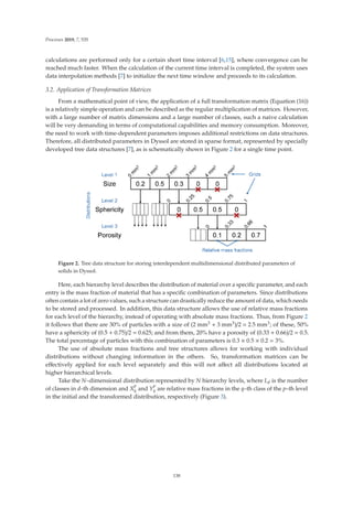 Processes 2019, 7, 535
calculations are performed only for a certain short time interval [6,15], where convergence can be
reached much faster. When the calculation of the current time interval is completed, the system uses
data interpolation methods [7] to initialize the next time window and proceeds to its calculation.
3.2. Application of Transformation Matrices
From a mathematical point of view, the application of a full transformation matrix (Equation (16))
is a relatively simple operation and can be described as the regular multiplication of matrices. However,
with a large number of matrix dimensions and a large number of classes, such a naive calculation
will be very demanding in terms of computational capabilities and memory consumption. Moreover,
the need to work with time-dependent parameters imposes additional restrictions on data structures.
Therefore, all distributed parameters in Dyssol are stored in sparse format, represented by specially
developed tree data structures [7], as is schematically shown in Figure 2 for a single time point.
Figure 2. Tree data structure for storing interdependent multidimensional distributed parameters of
solids in Dyssol.
Here, each hierarchy level describes the distribution of material over a speciﬁc parameter, and each
entry is the mass fraction of material that has a speciﬁc combination of parameters. Since distributions
often contain a lot of zero values, such a structure can drastically reduce the amount of data, which needs
to be stored and processed. In addition, this data structure allows the use of relative mass fractions
for each level of the hierarchy, instead of operating with absolute mass fractions. Thus, from Figure 2
it follows that there are 30% of particles with a size of (2 mm3 + 3 mm3)/2 = 2.5 mm3; of these, 50%
have a sphericity of (0.5 + 0.75)/2 = 0.625; and from them, 20% have a porosity of (0.33 + 0.66)/2 = 0.5.
The total percentage of particles with this combination of parameters is 0.3 × 0.5 × 0.2 = 3%.
The use of absolute mass fractions and tree structures allows for working with individual
distributions without changing information in the others. So, transformation matrices can be
eﬀectively applied for each level separately and this will not aﬀect all distributions located at
higher hierarchical levels.
Take the N–dimensional distribution represented by N hierarchy levels, where Ld is the number
of classes in d–th dimension and X
p
q and Y
p
q are relative mass fractions in the q–th class of the p–th level
in the initial and the transformed distribution, respectively (Figure 3).
138
 