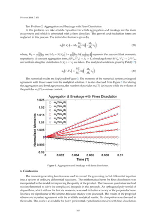 Processes 2019, 7, 453
Test Problem 2: Aggregation and Breakage with Fines Dissolution
In this problem, we take a batch crystallizer in which aggregation and breakage are the main
occurrences and which is connected with a ﬁnes dissolver. The growth and nucleation terms are
neglected in this process. The initial distribution is given by
ud 0, Vp = M0·
M0
M1
exp

−
M0
M1
Vp

(28)
where, M0 = 2N0
2+β0N0t and M1 = N0Vp0 1 −
2G0
β0N0Vp0
ln 2
2+β0N0t represent the zero and ﬁrst moments,
respectively. A constant aggregation term, β(Vp, V
p) = β0 = 1, a breakage kernel b(Vp, V
p) = 2/V
p,,
and uniform daughter distribution S(Vp) = Vp are taken. The analytical solution is given by Patel [17]:
ud T, Vp =
M2
0
M1
exp

−
M0
M1
Vp

(29)
The numerical results are displayed in Figure 3. The moments of the numerical system are in good
agreement with those taken from the analytical solution. It is also observed from Figure 3 that during
the aggregation and breakage process, the number of particles m0(T) decreases while the volume of
the particles m1(T) remains constant.
Figure 3. Aggregation and breakage with ﬁnes dissolution.
4. Conclusions
The moment-generating function was used to convert the governing partial diﬀerential equation
into a system of ordinary diﬀerential equations. The mathematical term for ﬁnes dissolution was
incorporated in the model for improving the quality of the product. The Gaussian quadrature method
was implemented to solve the complicated integrals in this research. An orthogonal polynomial of
degree three, which utilizes the ﬁrst six moments, was used for better accuracy of the proposed scheme.
To check the signiﬁcance of the scheme, two case studies were discussed. The results of the proposed
scheme are in perfect agreement with the available analytical results. No dissipation was observed in
the results. This work is extendable for batch preferential crystallization models with ﬁnes dissolution.
165
 