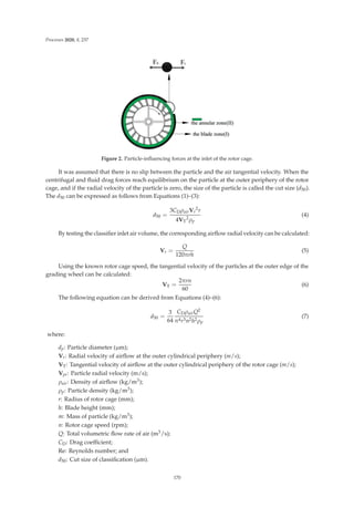 Processes 2020, 8, 237
Figure 2. Particle-inﬂuencing forces at the inlet of the rotor cage.
It was assumed that there is no slip between the particle and the air tangential velocity. When the
centrifugal and ﬂuid drag forces reach equilibrium on the particle at the outer periphery of the rotor
cage, and if the radial velocity of the particle is zero, the size of the particle is called the cut size (d50).
The d50 can be expressed as follows from Equations (1)–(3):
d50 =
3CDρairVr
2r
4VT
2ρp
(4)
By testing the classiﬁer inlet air volume, the corresponding airﬂow radial velocity can be calculated:
Vr =
Q
120πrh
(5)
Using the known rotor cage speed, the tangential velocity of the particles at the outer edge of the
grading wheel can be calculated:
VT =
2πrn
60
(6)
The following equation can be derived from Equations (4)–(6):
d50 =
3
64
CDρairQ2
π4r3n2h2ρp
(7)
where:
dp: Particle diameter (μm);
Vr: Radial velocity of airﬂow at the outer cylindrical periphery (m/s);
VT: Tangential velocity of airﬂow at the outer cylindrical periphery of the rotor cage (m/s);
Vpr: Particle radial velocity (m/s);
ρair: Density of airﬂow (kg/m3);
ρp: Particle density (kg/m3);
r: Radius of rotor cage (mm);
h: Blade height (mm);
m: Mass of particle (kg/m3);
n: Rotor cage speed (rpm);
Q: Total volumetric ﬂow rate of air (m3/s);
CD: Drag coeﬃcient;
Re: Reynolds number; and
d50: Cut size of classiﬁcation (μm).
170
 