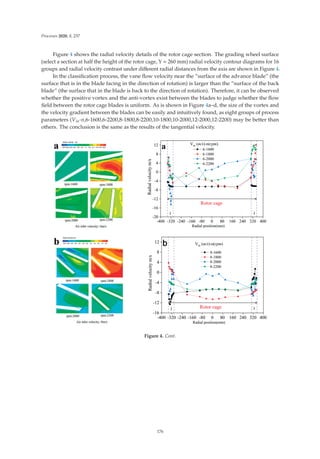 Processes 2020, 8, 237
Figure 4 shows the radial velocity details of the rotor cage section. The grading wheel surface
(select a section at half the height of the rotor cage, Y = 260 mm) radial velocity contour diagrams for 16
groups and radial velocity contrast under diﬀerent radial distances from the axis are shown in Figure 4.
In the classiﬁcation process, the vane ﬂow velocity near the “surface of the advance blade” (the
surface that is in the blade facing in the direction of rotation) is larger than the “surface of the back
blade” (the surface that in the blade is back to the direction of rotation). Therefore, it can be observed
whether the positive vortex and the anti-vortex exist between the blades to judge whether the ﬂow
ﬁeld between the rotor cage blades is uniform. As is shown in Figure 4a–d, the size of the vortex and
the velocity gradient between the blades can be easily and intuitively found, as eight groups of process
parameters (Vin-n,6-1600,6-2200,8-1800,8-2200,10-1800,10-2000,12-2000,12-2200) may be better than
others. The conclusion is the same as the results of the tangential velocity.
Figure 4. Cont.
176
 