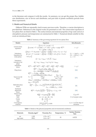 Processes 2020, 8, 795
in the literature and compare it with the results. In summary, we can get the proper ﬂux, bubble
size distribution, size of device and distributor, and part data of plume oscillation periods from
these experiments.
3. Models and Numerical Details
Diﬀerent TFMs are repeatedly cited in many previous works. Therefore, a concise description is
provided here. References to the original works are presented as well. The conservation equations of
two-phase ﬂow are listed in Table 2. The surface tension and material properties of tap water and air at
atmospheric pressure and temperature are summarized in Table 3. Numerical details suitable for this
work are introduced later.
Table 2. Summary of the governing equations for two-phase ﬂow.
Models Equations Refs./Remarks
Conservation
equations
∂
∂t
(ρiαi)+∇ · (ρiαiui) = 0
∂
∂t
(ρiαiui) + ∇ · (ρiαiuiui) = ∇ · (αiTi) − αi∇pi + αiρig + Finter
i
Ti = μe
i
∇ui + (∇ui)T
i = g, l
Turbulence
Equations for
water phase
∂
∂t
(klρl) + ∇ · (klρlαlul) = ∂
∂xi

αl μ +
μt
σk
∂k
∂xi

+ αl(Gk + Gb − ρε − YM)
∂
∂t
(εlρl) + ∇ · (εlρlαlul) = ∂
∂xi

αl μ +
μt
σε
∂εl
∂xi

+ αlG1ε
εl
kl
(Gk + C3εGb)
−αlC2ερ
ε2
l
kl
μe
l
= μt,l + μlam,l = ρCu
kl
2
εl
+ μlam,l
C1ε = 1.44, C2ε = 1.92,
C3ε = 0.09, σk = 1.0,
σε = 1.3
Turbulence
viscosity of air
phase
μe
g = μt,g + μlam,g = μt,l × ρg/ρl + μlam,g -
Interphase
forces
Finter
l
= −Finter
g , Finter
i
= Finter
Di
+ Finter
Li
+ Finter
Wi
+ Finter
Ti
+ Finter
VMi
i = g, l
Drag forces
Finter
D
= 3
4 αgρlCD
1
dg


ug−ul


 ug−ul
CD = MAX

24
Re 1 + 0.15Re0.687 , 8
3
Eo
Eo+4
 [36]
Transverse lift
forces
Finter
L
= −Clρl ug − ul rotul
Cl =
⎧
⎪
⎪
⎪
⎨
⎪
⎪
⎪
⎩
min[0.288tanh(0.121Re), f(Eod)]
f(Eod)
−0.27
Eod  4
4  Eod  10.7
Eod  10.7
f(Eod) = 0.00105Eod
3 − 0.0159Eod
2 − 0.0204Eod + 0.474
Eod =
g(ρl−ρg)d2
H
σ
[37]
Wall lubrication
forces
Finter
W
= −

Cw1 + Cw2
Ds
yw

[(αgρlug−ul)−((ug−ul)·nω)nω]
2
Ds
,
Cw1 = 0.0064., Cw2 = 0.016
[6]
Turbulent
dispersion
forces
Finter
T
= CTDCD
μtg
σtg

Ñαl
αl
−
Ñαg
αg

, CTD = 1, σtg = 0.9 [38]
Virtual mass
forces
Finter
VM
= CVMρlαg

Dug
Dt − Dul
Dt

CVM=0.5
Inlet u = xi + yj + zk = Cj C is Constant value
Outlet ∂u
∂y
= 0,
∂p
∂y
= 0 -
Wall u = 0 -
Convergence
criterion




ϕ(n+1)−ϕ(n)
ϕ(n+1)



 ≤ 0.001
n, n + 1 are the steps of
iterations
Table 3. Details of the physical properties and environmental conditions.
Materials Density, kg/m3 Viscosity, Pa·s Temperature, ◦C
Surface Tension,
N/m
air 1.225 1.79 × 10−5
25 0.0725
tap water 998.2 1.01 × 10−3
192
 