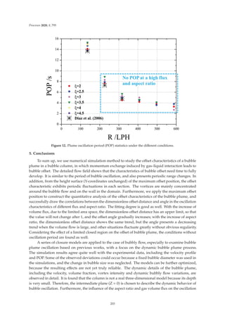 Processes 2020, 8, 795
Figure 12. Plume oscillation period (POP) statistics under the diﬀerent conditions.
5. Conclusions
To sum up, we use numerical simulation method to study the oﬀset characteristics of a bubble
plume in a bubble column, in which momentum exchange induced by gas–liquid interaction leads to
bubble oﬀset. The detailed ﬂow ﬁeld shows that the characteristics of bubble oﬀset need time to fully
develop. It is similar to the period of bubble oscillation, and also presents periodic range changes. In
addition, from the height surface (Y-coordinates unchanged) of the maximum oﬀset position, the oﬀset
characteristic exhibits periodic ﬂuctuations in each section. The vortices are mainly concentrated
around the bubble ﬂow and on the wall in the domain. Furthermore, we apply the maximum oﬀset
position to construct the quantitative analysis of the oﬀset characteristics of the bubble plume, and
successfully draw the correlations between the dimensionless oﬀset distance and angle in the oscillation
characteristics of diﬀerent ﬂux and aspect ratio. The ﬁtting degree is good as well. With the increase of
volume ﬂux, due to the limited area space, the dimensionless oﬀset distance has an upper limit, so that
the value will not change after 1, and the oﬀset angle gradually increases; with the increase of aspect
ratio, the dimensionless oﬀset distance shows the same trend, but the angle presents a decreasing
trend when the volume ﬂow is large, and other situations ﬂuctuate greatly without obvious regularity.
Considering the eﬀect of a limited closed region on the oﬀset of bubble plume, the conditions without
oscillation period are found as well.
A series of closure models are applied to the case of bubbly ﬂow, especially to examine bubble
plume oscillation based on previous works, with a focus on the dynamic bubble plume process.
The simulation results agree quite well with the experimental data, including the velocity proﬁle
and POP. Some of the observed deviations could occur because a ﬁxed bubble diameter was used in
the simulations, and the change in bubble size was neglected. The models can be further optimized,
because the resulting eﬀects are not yet truly reliable. The dynamic details of the bubble plume,
including the velocity, volume fraction, vortex intensity and dynamic bubbly ﬂow variations, are
observed in detail. It is found that the column is not a real three-dimensional model because its depth
is very small. Therefore, the intermediate plane (Z = 0) is chosen to describe the dynamic behavior of
bubble oscillation. Furthermore, the inﬂuence of the aspect ratio and gas volume ﬂux on the oscillation
203
 
