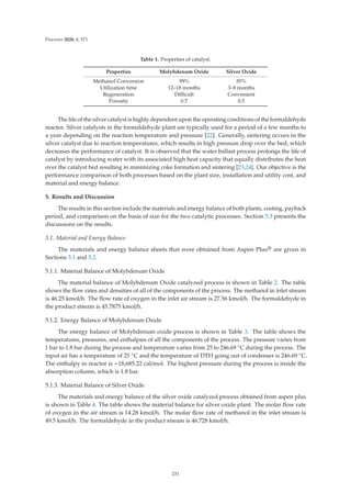 Processes 2020, 8, 571
Table 1. Properties of catalyst.
Properties Molybdenum Oxide Silver Oxide
Methanol Conversion 99% 85%
Utilization time 12–18 months 3–8 months
Regeneration Diﬃcult Convenient
Porosity 0.7 0.5
The life of the silver catalyst is highly dependent upon the operating conditions of the formaldehyde
reactor. Silver catalysts in the formaldehyde plant are typically used for a period of a few months to
a year depending on the reaction temperature and pressure [22]. Generally, sintering occurs in the
silver catalyst due to reaction temperatures, which results in high pressure drop over the bed, which
decreases the performance of catalyst. It is observed that the water ballast process prolongs the life of
catalyst by introducing water with its associated high heat capacity that equally distributes the heat
over the catalyst bed resulting in minimizing coke formation and sintering [23,24]. Our objective is the
performance comparison of both processes based on the plant size, installation and utility cost, and
material and energy balance.
5. Results and Discussion
The results in this section include the materials and energy balance of both plants, costing, payback
period, and comparison on the basis of size for the two catalytic processes. Section 5.3 presents the
discussions on the results.
5.1. Material and Energy Balance
The materials and energy balance sheets that were obtained from Aspen Plus® are given in
Sections 5.1 and 5.2.
5.1.1. Material Balance of Molybdenum Oxide
The material balance of Molybdenum Oxide catalyzed process is shown in Table 2. The table
shows the ﬂow rates and densities of all of the components of the process. The methanol in inlet stream
is 46.25 kmol/h. The ﬂow rate of oxygen in the inlet air stream is 27.56 kmol/h. The formaldehyde in
the product stream is 45.7875 kmol/h.
5.1.2. Energy Balance of Molybdenum Oxide
The energy balance of Molybdenum oxide process is shown in Table 3. The table shows the
temperatures, pressures, and enthalpies of all the components of the process. The pressure varies from
1 bar to 1.8 bar during the process and temperature varies from 25 to 246.69 ◦C during the process. The
input air has a temperature of 25 ◦C and the temperature of DTH going out of condenser is 246.69 ◦C.
The enthalpy in reactor is −18,685.22 cal/mol. The highest pressure during the process is inside the
absorption column, which is 1.8 bar.
5.1.3. Material Balance of Silver Oxide
The materials and energy balance of the silver oxide catalyzed process obtained from aspen plus
is shown in Table 4. The table shows the material balance for silver oxide plant. The molar ﬂow rate
of oxygen in the air stream is 14.28 kmol/h. The molar ﬂow rate of methanol in the inlet stream is
49.5 kmol/h. The formaldehyde in the product stream is 46.728 kmol/h.
231
 