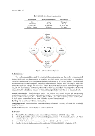 Processes 2020, 8, 571
Table 6. Catalyst performance parameters.
Parameters Molybdenum Oxide Silver Oxide
Size Larger Compact
Capital Cost $6.2 M $7.1 M
Utility cost $2.3 M/Year $1.65 M/Year
Payback period 3.5 years 2.8 years
Figure 4. Silver oxide-based process.
6. Conclusions
The performance of two catalysts was studied simultaneously and the results were compared.
The molybdenum-based plant has a larger plant size, high utility cost, but low cost of installation.
Moreover, it has higher conversion of methanol to product i.e., 99%. The silver-based plant requires
half the amount of air as compared to the molybdenum-based process, so it has compact plant size,
the installation cost is high, but utility cost is low. However, the conversion is less in this process
i.e., 75–85% as compared to the molybdenum-based process. Based on the comparative study and
calculations, the silver-based process for formaldehyde production is better on an industrial scale.
Author Contributions: Conceptualization, S.R.N.; Data curation, K.S.; Formal analysis, S.A.A.T.; Funding
acquisition, M.B.K.N.; Investigation, M.J.; Methodology, Y.M.; Project administration, S.R.N.; Software, S.A.A.T.;
Supervision, S.R.N.; Validation, M.T.M.; Writing—Original draft, S.A.A.T., S.R.N.; Writing—review  editing, F.U.,
U.S. All authors have read and agreed to the published version of the manuscript.
Funding: This research received no external funding.
Acknowledgments: The authors would like to acknowledge the National University of Sciences and Technology
(NUST), Pakistan.
Conﬂicts of Interest: The authors declare no conﬂicts of interest.
References
1. Webster, D.E.; Rouse, I.M. Production of Formaldehyde. U.S. Patant 4208353A, 17 June 1980.
2. Takashi, E.; Tamechika, Y.; Saburo, Y. Process for Preparing Formalin by Oxidation of Methanol. U.S. Patant
2908715A, 13 October 1959.
3. Meath, W.B. Production of Formaldehyde. U.S. Patant 2462413A, 22 February 1949.
4. Hall, J.L. Method for the Production of Formaldehyde. U.S. Patant 2384028A, 4 September 1945.
236
 