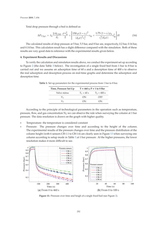 Processes 2019, 7, 654
Total drop pressure through a bed is deﬁned as
ΔPT(hp) = λh
2·HCMS
do
·
ρ·ν2
ta
2
+
⎡
⎢
⎢
⎢
⎢
⎢
⎣
150·μ(1 − εt)2
(dpψ)2
ε3
t
νhp +
1.75·(1 − εt)ρg
ε3
t (dpψ)
ν2
hp
⎤
⎥
⎥
⎥
⎥
⎥
⎦·H (16)
The calculated results of drop pressure at 5 bar, 5.5 bar, and 8 bar are, respectively, 0.2 bar, 0.16 bar,
and 0.14 bar. This calculation result has a slight diﬀerence compared with the simulation. Both of these
results are very good data to reference with the experimental results given below.
4. Experiment Results and Discussions
To verify the calculation and simulation results above, we conduct the experiment set up according
to Figure 2 (the data Table 3 below). The investigation of a single ﬁxed bed from 1 bar to 8 bar is
carried out and we assume an adsorption time of 60 s and a desorption time of 400 s to observe
the real adsorption and desorption process on real-time graphs and determine the adsorption and
desorption time.
Table 3. Set up parameters for the experimental process from 1 bar to 8 bar.
Time, Pressure Set Up T = 460 s; P = 1 to 8 Bar
Valve status T1 = 60 s T2 = 400 s
V1 ON OFF
V7 ON ON
According to the principle of technological parameters in the operation such as temperature,
pressure, ﬂow, and gas concentration N2 we can observe the rule when surveying the column at 1 bar
pressure. The data resolution is drawn on the graph with higher quality.
+ Temperature: the temperature is considered constant
+ Pressure: The pressure changes over time and according to the height of the column.
The experimental results of the pressure changes over time and the pressure distribution of the
column height (with 6 sensors CB-1.1 to CB-1.6) are clearly seen in Figure 13 when surveying one
column according to setup mode in Table 3 at 1 bar pressure. At the higher pressures, the lower
resolution makes it more diﬃcult to see.
(a) From 0 to 460 s (b) From 0 to 100 s
Figure 13. Pressure over time and heigh of a single ﬁxed bed (see Figure 2).
252
 