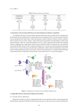 Processes 2020, 8, 1
Table 2. Binary interaction parameters.
Component j AcAn HAC HAC
Component i BuAc BuAc AcAn
source VLE-HOC VLE-HOC VLE-HOC
temp. unit K K K
Aij 0 −0.564 0.8146
Aji 0 1.7591 −0.5218
Bij 20.9697 0 −147.1604
Bji 608.8256 0 332.2892
Cij 0.3 0.3 0.3
3. Simulation of Two-Column RD Process for the Production of Butyric Anhydride
According to the above reaction kinetic and thermodynamic data, and the process introduced in
the literature [9], the traditional two-column RD process is operated with a 10% excess feed of butyric
acid as simulated with Aspen Plus, where the pressure of both columns is 20 kPa, and the residence
time of reactive tray is 6 min. Figure 1 shows the process parameters and simulation results of the
process streams, where NF means feed position; Nr, Nrxn and Ns represent the number of rectifying,
reactive, stripping trays, respectively; and NT means the total number of column trays. The reactants
are fed into the RD column C1; the overhead discharge of C1 is acetic acid, while the bottom discharge
is the mixture of excess butyric acid and butyric anhydride, which is fed into distillation column C2,
whose overhead discharge is the excess butyric acid to be recycled back to C1, and the bottom discharge
is the product butyric anhydride, whose purity is more than 94 mol %, as seen from Figure 1.
55 
' P
45 NZ
4 NZ
1U 
1U[Q 
1V 
17 
55 
' P
45 NZ
4 NZ
17 
1) 
1) 


)%X$F NPROKU
)$F$Q NPROKU

%X$F PI
$F$Q (PI
+$ PI
%X$Q PI
%X$Q$F PI
5) NPROKU
5)
%X$F PI
$F$Q PI
+$ PI
%X$Q (PI
%X$Q$F (PI
' NPROKU
%X$F PI
$F$Q (PI
+$ (PI
%X$Q PI
%X$Q$F PI
% NPROKU
%X$F PI
$F$Q (PI
+$ (PI
%X$Q PI
%X$Q$F PI
% NPROKU
Figure 1. Traditional two-column reactive distillation (RD) process.
4. Single RD Column with Internal Material Circulation
4.1. Principle and Two Applications
Before the reactants are fed, it is supposed that the excess operation has been used to prepare the
initial bottom materials of the RD column before start-up, e.g., the mole ratio of acetic anhydride to
264
 