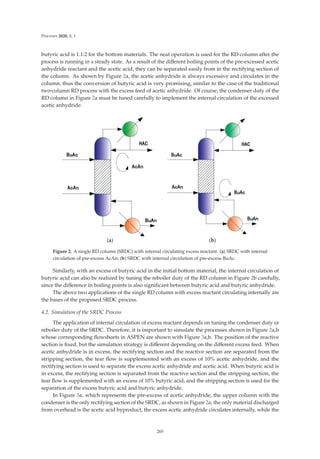 Processes 2020, 8, 1
butyric acid is 1.1:2 for the bottom materials. The neat operation is used for the RD column after the
process is running in a steady state. As a result of the diﬀerent boiling points of the pre-excessed acetic
anhydride reactant and the acetic acid, they can be separated easily from in the rectifying section of
the column. As shown by Figure 2a, the acetic anhydride is always excessive and circulates in the
column, thus the conversion of butyric acid is very promising, similar to the case of the traditional
two-column RD process with the excess feed of acetic anhydride. Of course, the condenser duty of the
RD column in Figure 2a must be tuned carefully to implement the internal circulation of the excessed
acetic anhydride.
(a) (b)
Figure 2. A single RD column (SRDC) with internal circulating excess reactant. (a) SRDC with internal
circulation of pre-excess AcAn; (b) SRDC with internal circulation of pre-excess BuAc.
Similarly, with an excess of butyric acid in the initial bottom material, the internal circulation of
butyric acid can also be realized by tuning the reboiler duty of the RD column in Figure 2b carefully,
since the diﬀerence in boiling points is also signiﬁcant between butyric acid and butyric anhydride.
The above two applications of the single RD column with excess reactant circulating internally are
the bases of the proposed SRDC process.
4.2. Simulation of the SRDC Process
The application of internal circulation of excess reactant depends on tuning the condenser duty or
reboiler duty of the SRDC. Therefore, it is important to simulate the processes shown in Figure 2a,b
whose corresponding ﬂowsheets in ASPEN are shown with Figure 3a,b. The position of the reactive
section is ﬁxed, but the simulation strategy is diﬀerent depending on the diﬀerent excess feed. When
acetic anhydride is in excess, the rectifying section and the reactive section are separated from the
stripping section, the tear ﬂow is supplemented with an excess of 10% acetic anhydride, and the
rectifying section is used to separate the excess acetic anhydride and acetic acid. When butyric acid is
in excess, the rectifying section is separated from the reactive section and the stripping section, the
tear ﬂow is supplemented with an excess of 10% butyric acid, and the stripping section is used for the
separation of the excess butyric acid and butyric anhydride.
In Figure 3a, which represents the pre-excess of acetic anhydride, the upper column with the
condenser is the only rectifying section of the SRDC, as shown in Figure 2a; the only material discharged
from overhead is the acetic acid byproduct, the excess acetic anhydride circulates internally, while the
265
 