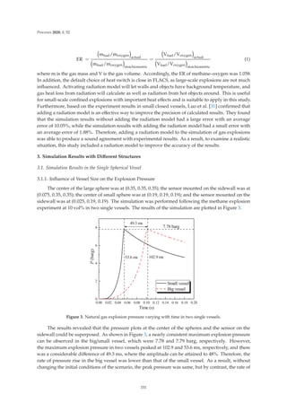 Processes 2020, 8, 52
ER =
mfuel/moxygen
actual
mfuel/moxygen
stoichiometric
=
Vfuel/Voxygen
actual
Vfuel/Voxygen
stoichiometric
(1)
where m is the gas mass and V is the gas volume. Accordingly, the ER of methane–oxygen was 1.058.
In addition, the default choice of heat switch is close in FLACS, as large-scale explosions are not much
inﬂuenced. Activating radiation model will let walls and objects have background temperature, and
gas heat loss from radiation will calculate as well as radiation from hot objects around. This is useful
for small-scale conﬁned explosions with important heat eﬀects and is suitable to apply in this study.
Furthermore, based on the experiment results in small closed vessels, Luo et al. [31] conﬁrmed that
adding a radiation model is an eﬀective way to improve the precision of calculated results. They found
that the simulation results without adding the radiation model had a large error with an average
error of 10.05%, while the simulation results with adding the radiation model had a small error with
an average error of 1.88%. Therefore, adding a radiation model to the simulation of gas explosions
was able to produce a sound agreement with experimental results. As a result, to examine a realistic
situation, this study included a radiation model to improve the accuracy of the results.
3. Simulation Results with Diﬀerent Structures
3.1. Simulation Results in the Single Spherical Vessel
3.1.1. Inﬂuence of Vessel Size on the Explosion Pressure
The center of the large sphere was at (0.35, 0.35, 0.35); the sensor mounted on the sidewall was at
(0.075, 0.35, 0.35); the center of small sphere was at (0.19, 0.19, 0.19); and the sensor mounted on the
sidewall was at (0.025, 0.19, 0.19). The simulation was performed following the methane explosion
experiment at 10 vol% in two single vessels. The results of the simulation are plotted in Figure 3.
          





PV
PV
P
EDUJ
7LPH V
6PDOOYHVVHO
%LJYHVVHO
EDUJ
PV
Figure 3. Natural gas explosion pressure varying with time in two single vessels.
The results revealed that the pressure plots at the center of the spheres and the sensor on the
sidewall could be superposed. As shown in Figure 3, a nearly consistent maximum explosion pressure
can be observed in the big/small vessel, which were 7.78 and 7.79 barg, respectively. However,
the maximum explosion pressure in two vessels peaked at 102.9 and 53.6 ms, respectively, and there
was a considerable diﬀerence of 49.3 ms, where the amplitude can be attained to 48%. Therefore, the
rate of pressure rise in the big vessel was lower than that of the small vessel. As a result, without
changing the initial conditions of the scenario, the peak pressure was same, but by contrast, the rate of
331
 