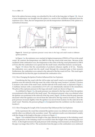 Processes 2020, 8, 52
that in the sphere because energy was absorbed by the wall in the long pipe in Figure 12b. Gas at
a lower temperature was brought into the sphere as a result of the oscillation originated from the
explosion wave. Here, the low-temperature jet cuts the temperature distribution in the sphere to a
symmetrical structure.
          










P
EDUJ
7LPH V
D 6LGHZDOORIELJVSKHUH
E HQWHURIELJVSKHUH
F /RFDWLRQ
G /RFDWLRQ
H /RFDWLRQ
I HQWHURIVPDOOVSKHUH
J 6LGHZDOORIVPDOOVSKHUH
D
E
F
G
H
I
J D ([SORVLRQSUHVVXUH
LQELJYHVVHO
          








 E ([SORVLRQSUHVVXUH
LQVPDOOYHVVHO
P
EDUJ
7LPH V
D 6LGHZDOORIELJVSKHUH
E HQWHURIELJVSKHUH
F /RFDWLRQ
G /RFDWLRQ
H /RFDWLRQ
I HQWHURIVPDOOVSKHUH
J 6LGHZDOORIVPDOOVSKHUH
D
E
F
G
H I J
Figure 12. Natural gas explosion pressure versus time in the large and small vessels at diﬀerent
ignition positions.
In Figure 11a, the explosion wave reached its highest temperature (2700 K) at 70 ms in the small
vessel. By contrast, the temperature was 2400 K in the big vessel at the same time. Because of the
oscillation of the combustion wave, the temperature at the center of the big vessel plummeted to 1300 K
at 74 ms after the combustion wave spread into the small vessel, which then formed a second peak.
Figure 11b shows that the concentration of products enhances rapidly at 62 ms. Namely,
the combustion wave spread into the small vessel through the connected pipe at that moment.
Furthermore, the combustion wave spread to the sidewall of the big vessel at 65 ms. This result again
demonstrated the fact that the pipes accelerated the combustion wave.
3.3.2. How Changing the Ignition Position Inﬂuenced the Gas Explosion
Considering the big vessel with the 4.45-m pipe and small vessel as an example, the ignition
positions were the sidewall of the big vessel, the center of the big vessel, location 1, location 2, location
4, location 6, the center of the small vessel, and the sidewall of the small vessel, as depicted in Figure 2.
A methane mixture with a concentration of 10 vol% was intentionally selected in the simulations.
The plots of the explosion pressure in the large and small vessels are shown in Figure 12.
As exhibited in Figure 12a, the peak pressure was attained in the big vessel when the ignition
was positioned at the sidewall of the small vessel. The minimum pressure value was obtained when
the ignition was positioned at the sidewall of the big vessel. Figure 12b shows that the peak pressure
decreased when the ignition was moved from the sidewall in the big vessel to location 2, then the
peak pressure increased slightly when the ignition was moved from location 2 to the sidewall in the
small vessel. Therefore, the pressure piling [21,22] originated from the oscillation was the weakest at
location 2.
3.3.3. How Changing the Length of the Connection Pipe Inﬂuenced the Gas Explosion
In the experiment, the vessel that contained the ignition source was deﬁned as the initiating vessel,
and the other was deﬁned as the secondary vessel. The explosion results were determined variably
with the change in the length of the pipe, as drawn in Figure 13.
Figure 13a,b exhibited that the length of the pipe aﬀected the pressure in the initiating vessel.
The peak pressure in the initiating vessel was reached when the length of the connecting pipe was
4.45 m. As the length increased, the peak pressure in the initiating vessel increased, yet decreased when
the pipe was longer than 4.45 m. The acceleration from the pipes on the combustion wave reinforced
338
 