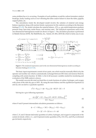 Processes 2020, 8, 408
some problem has or is occurring. Examples of such problems would be carbon formation catalyst
breakage, faulty loading such as over-vibrating the tubes and/or failure to clean the tubes, pigtails,
support plates, etc.
The calculations inside the developed model involve the solution of material and energy
balance equations along with reaction kinetic expressions for the catalysts according to the literature
ﬁndings [15–25]. The model calculates the material balance, ATECH4, gas radial temperature gradient,
pressure drop, heat duty, molar ﬂuxes, and reaction rates. The analytical expressions used in the
one-dimensional heterogeneous model are shown in Figure 3. The calculation procedure is performed
in Matlab (Version 2019b, The MathWorks, Inc., Natick, US, MA, 2019) ﬁle which is fairly easy to use.
Figure 3. The analytical expressions used in the one-dimensional heterogeneous model according to
literature ﬁndings [9,10,15–25].
The basic input requirements consist of two parts, one which must be manually ﬁlled in by the
operator and another one which is automatically exchanged between DCS data and memory block by
compiling with system-function. In Table 2 a list of all necessary variables needed for monitoring and
evaluation of the SMR catalyst is shown.
The model converts the total wet feed ﬂow to mole fractions of carbon, hydrogen, and oxygen
with a base of the inlet dry gas as 100%. By using the mass balance and the equilibrium Equations (1)
and (2), one can derive a quadratic equation:
a2
(1 − KWGS) + φa − KWGS(φ − 4d)(B − 2d) = 0 (3)
Solving for a give following expression:
a =
−φ ±

φ2
+ 4(1 − KWGS)(θ − 4d)(B − 2d)KWGS
1/2
2(1 − KWGS)
(4)
where Φ and θ present intermediate calculation parameters as follows:
φ = C + HKWGS + 3d(1 − 2KWGS) − θ(1 − KWGS) (5)
θ = 2C + H − 2O or a + b + 4d (6)
where C, H, and O denote total molar quantities of carbon, hydrogen, and oxygen in compounds in the
system (in kmol), while a, b, c, and d represent molar quantities of H2, CO, CO2, and CH4 in reformed
gas (in kmol), respectively.
54
 