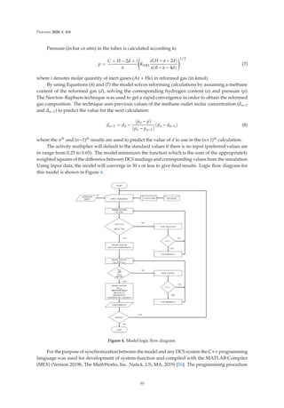 Processes 2020, 8, 408
Pressure (in bar or atm) in the tubes is calculated according to
p =
C + H − 2d + i
a

KSR1
d(H − a − 2d)
a(θ − a − 4d)
1/2
(7)
where i denotes molar quantity of inert gases (Ar + He) in reformed gas (in kmol).
By using Equations (4) and (7) the model solves reforming calculations by assuming a methane
content of the reformed gas (d), solving the corresponding hydrogen content (a) and pressure (p).
The Newton–Raphson technique was used to get a rapid convergence in order to obtain the reformed
gas composition. The technique uses previous values of the methane outlet molar concentration (dn−2
and dn−1) to predict the value for the next calculation:
dn−1 = dn −
(pn − p)
(pn − pn−1)
(dn − dn−1) (8)
where the nth and (n−1)th results are used to predict the value of d to use in the (n+1)th calculation.
The activity multiplier will default to the standard values if there is no input (preferred values are
in range from 0.25 to 0.65). The model minimizes the function which is the sum of the appropriately
weighted squares of the diﬀerence between DCS readings and corresponding values from the simulation.
Using input data, the model will converge in 30 s or less to give ﬁnal results. Logic ﬂow diagram for
this model is shown in Figure 4.
Figure 4. Model logic ﬂow diagram.
For the purpose of synchronization between the model and any DCS system the C++ programming
language was used for development of system-function and compiled with the MATLAB Compiler
(MEX) (Version 2019b, The MathWorks, Inc. Natick, US, MA, 2019) [26]. The programming procedure
55
 