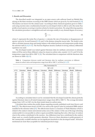 Processes 2020, 8, 408
3. Results and Discussion
The described model was integrated as an open source code software based on Matlab ﬁles,
relying on the three reactions occurring in the SMR scheme which are given by Xu and Froment [9,10].
The kinetics are known for the catalyst used. According to three chemical equations given in Table 1
and using reaction rates a mathematical model was developed which is able to solve the molar ﬂux
proﬁle of each species occurring in reaction scheme by iterative procedure. By using following equation,
the calculation procedure is straightforward and converges readily to any desired degree of accuracy:
dFi
dl
= ri (9)
where Fi represents the molar ﬂux of species i, ri denotes the rate of formation or disappearance of
species i given by Xu and Froment [9,10], and l is the distance along the reactor tube. The model is also
able to calculate pressure drop and energy balance with related pressure and temperature proﬁle along
the reformer tube [9,10,23–27]. The Newton–Raphson iterative method of solving ordinary diﬀerential
equations was used.
The developed model was tested against literature data for methane conversion in reformer
tubes at 20 bar and at three diﬀerent values for steam-to-carbon ratio, namely 1.0, 2.5, and 5.0 in the
temperature range from 400 to 1000 ◦C [8]. The calculated data in comparison with the literature data
are shown in Table 4 [8,11].
Table 4. Comparison between model and literature data for methane conversion at diﬀerent
steam-to-carbon ratios and temperature range from 400 to 1000 ◦C at 20 bar [8,11,27].
CH4 Conversion (%)
S/C = 1.0 S/C = 2.5 S/C = 5.0
t (◦C) Literature Model Diﬀerence Literature Model Diﬀerence Literature Model Diﬀerence
400 2.19 0.50 1.69 5.01 3.22 1.79 7.20 5.45 1.75
450 3.88 2.10 1.78 8.05 6.25 1.80 12.23 10.52 1.71
500 6.89 4.95 1.94 11.97 10.20 1.77 17.87 16.04 1.83
550 9.74 7.88 1.86 17.25 15.51 1.74 26.24 24.23 2.01
600 13.83 12.08 1.75 24.17 22.46 1.71 36.56 34.53 2.03
650 18.54 16.77 1.77 32.00 30.24 1.76 47.77 45.84 1.93
700 24.49 22.48 2.01 41.23 39.22 2.01 59.84 57.97 1.87
750 31.00 29.31 1.69 51.38 49.41 1.97 72.20 70.23 1.97
800 39.43 37.44 1.99 63.46 61.41 2.05 84.35 82.32 2.03
850 47.66 45.77 1.89 73.40 71.37 2.03 93.75 91.83 1.92
900 56.28 54.22 2.06 83.16 81.17 1.99 96.85 95.14 1.71
950 69.05 67.32 1.73 90.84 88.81 2.03 99.15 97.11 2.04
1000 72.03 69.99 2.04 96.00 94.05 1.95 99.52 97.83 1.69
According to calculated data it can be concluded that the developed model ﬁts almost perfectly
against literature data in all tested temperature ranges from 400 to 1000 ◦C. The average deviation
ranges from 1.69% to 2.06% for the three tested steam-to-carbon ratios.
Calculated data conﬁrm the proﬁle shapes regarding recently published work from Zecevic and
Bolf [27]. The eﬀectiveness factor of 0.001 was used as the typical value for industrial SMR catalyst
installed in the reformer tubes [25]. The eﬀectiveness factor is a function of Thiele Modulus which is
related to the catalyst volume and external surface area of the catalyst. In the case of the large reforming
catalyst pellet it is not possible to achieve equal accessibility implying that only a thin layer of catalyst
close to the surface contributed to the reaction. Any diﬀerences may have contributed to the catalyst
shape used, as a result of pellet geometry alteration. However, those alterations in pellet geometry of
the commercially available reformer are not signiﬁcant drawbacks to the developed model. All factors
mentioned are more than acceptable for industrial practical usage.
59
 
