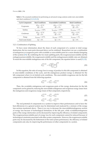 Processes 2020, 8, 586
Table 2. The assumed conditions for performing an advanced exergy analysis under real, unavoidable
and ideal conditions [12,18,28,30].
Cycle Component Real Conditions Unavoidable Conditions Ideal Conditions
Evaporator
ΔTpp = 8 ◦C
Δp = 2%
ΔTpp = 3 ◦C
Δp = 1%
ΔTpp = 0 ◦C
Δp = 0%
Turbine ηis.turbine = 0.8% ηis.turbine = 0.95% ηis.turbine = 1%
Condenser
ΔTpp = 8 ◦C
Δp = 2%
ΔTpp = 3 ◦C
Δp = 1%
ΔTpp = 0 ◦C
Δp = 0%
Pump ηis.pump = 0.7% ηis.pump = 0.9% ηis.pump = 1%
Feed-water heater Δp = 2% Δp = 1% Δp = 0%
3.2.3. Combination of Splitting
To have more information about the share of each component of a system in total exergy
destruction, the two main parts discussed above can be combined. Researchers can use a combination
of endogenous or exogenous parts with avoidable or unavoidable parts for a more detailed designing
of the systems [30]. By combining the two main splitting parts, the exogenous/unavoidable and the
endogenous/unavoidable, the exogenous/avoidable and the endogenous/avoidable rates are obtained.
To reach the unavoidable endogenous rate of the kth component, the equation below is used [31,32]:
.
E
UN.EN
D.k =
.
E
EN
P.k
⎛
⎜
⎜
⎜
⎜
⎝
.
E D.k
.
E P.k
⎞
⎟
⎟
⎟
⎟
⎠
UN
(25)
In this equation, the ratio of exergy loss to exergy of product in this kth component is obtained
in unavoidable conditions of the cycle, and the endogenous product exergy is obtained for the
kth component when it is in hybrid cycle conditions. The unavoidable exogenous rate for the kth
component is obtained from the following equation:
.
E
UN.EX
D.k =
.
E
UN
D.k −
.
E
UN.EN
D.k (26)
Then, the avoidable endogenous and exogenous parts of the exergy destruction for the kth
component can be gained by reducing the unavoidable endogenous and exogenous exergy losses from
the endogenous and exogenous exergy losses of that component, respectively.
.
E
AV.EN
D.k =
.
E
EN
D.k −
.
E
UN.EN
D.k (27)
.
E
AV.EX
D.k =
.
E
EX
D.k −
.
E
UN.EN
D.k (28)
The real potential of components in a system to improve their performances and to have the
best eﬃciencies in a general system may be determined and analyzed by a mixture of the exergy
loss sections mentioned above. There is no way to decrease the unavoidable/endogenous section
of exergy loss because of technological limitations of the kth part, while avoidable/endogenous
parts of the exergy destruction can be decreased by improving the eﬃciency of related components.
The exogenous/unavoidable part of exergy loss for each component cannot be reduced because of
technological constraints associated with other system components. However, the exogenous/avoidable
parts may be decreased by the betterment of the total system performance, the eﬃciency of related
components and, also, by improving the performance of other components in a system.
77
 