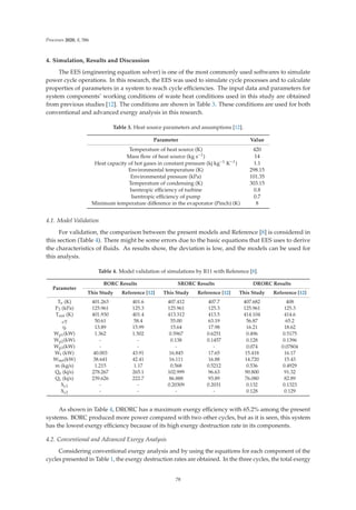 Processes 2020, 8, 586
4. Simulation, Results and Discussion
The EES (engineering equation solver) is one of the most commonly used softwares to simulate
power cycle operations. In this research, the EES was used to simulate cycle processes and to calculate
properties of parameters in a system to reach cycle eﬃciencies. The input data and parameters for
system components’ working conditions of waste heat conditions used in this study are obtained
from previous studies [12]. The conditions are shown in Table 3. These conditions are used for both
conventional and advanced exergy analysis in this research.
Table 3. Heat source parameters and assumptions [12].
Parameter Value
Temperature of heat source (K) 420
Mass ﬂow of heat source (kg s−1) 14
Heat capacity of hot gases in constant pressure (kj kg−1 K−1) 1.1
Environmental temperature (K) 298.15
Environmental pressure (kPa) 101.35
Temperature of condensing (K) 303.15
Isentropic eﬃciency of turbine 0.8
Isentropic eﬃciency of pump 0.7
Minimum temperature diﬀerence in the evaporator (Pinch) (K) 8
4.1. Model Validation
For validation, the comparison between the present models and Reference [8] is considered in
this section (Table 4). There might be some errors due to the basic equations that EES uses to derive
the characteristics of ﬂuids. As results show, the deviation is low, and the models can be used for
this analysis.
Table 4. Model validation of simulations by R11 with Reference [8].
Parameter
BORC Results SRORC Results DRORC Results
This Study Reference [12] This Study Reference [12] This Study Reference [12]
Te (K) 401.263 401.6 407.412 407.7 407.682 408
P3 (kPa) 125.961 125.3 125.961 125.3 125.961 125.3
Tout (K) 401.930 401.4 413.312 413.5 414.104 414.6
eη 50.61 58.4 55.00 63.19 56.87 65.2
ηt 13.89 15.99 15.64 17.98 16.21 18.62
Wp1(kW) 1.362 1.502 0.5967 0.6251 0.496 0.5175
Wp2(kW) - - 0.138 0.1457 0.128 0.1396
Wp3(kW) - - - - 0.074 0.07804
Wt (kW) 40.003 43.91 16.845 17.65 15.418 16.17
Wnet(kW) 38.641 42.41 16.111 16.88 14.720 15.43
m (kg/s) 1.215 1.17 0.568 0.5212 0.536 0.4929
Qe (kj/s) 278.267 265.1 102.999 96.63 90.800 91.32
Qc (kj/s) 239.626 222.7 86.888 93.89 76.080 82.89
Xc1 - - 0.20309 0.2031 0.132 0.1323
Xc2 - - - - 0.128 0.129
As shown in Table 4, DRORC has a maximum exergy eﬃciency with 65.2% among the present
systems. BORC produced more power compared with two other cycles, but as it is seen, this system
has the lowest exergy eﬃciency because of its high exergy destruction rate in its components.
4.2. Conventional and Advanced Exergy Analysis
Considering conventional exergy analysis and by using the equations for each component of the
cycles presented in Table 1, the exergy destruction rates are obtained. In the three cycles, the total exergy
78
 