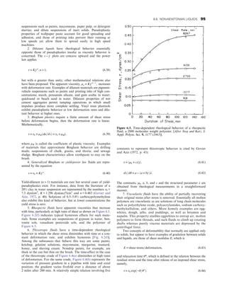 suspensions such as paints, mayonnaise, paper pulp, or detergent
slurries; and dilute suspensions of inert solids. Pseudoplastic
properties of wallpaper paste account for good spreading and
adhesion, and those of printing inks prevent their running at
low speeds yet allow them to spread easily in high speed
machines.
2. Dilatant liquids have rheological behavior essentially
opposite those of pseudoplastics insofar as viscosity behavior is
concerned. The τ − _
γ plots are concave upward and the power
law applies
τ = K _
γ n
, n  1, (6.38)
but with n greater than unity; other mathematical relations also
have been proposed. The apparent viscosity, μa = K _
γ n − 1
, increases
with deformation rate. Examples of dilatant materials are pigment-
vehicle suspensions such as paints and printing inks of high con-
centrations; starch, potassium silicate, and gum arabic in water;
quicksand or beach sand in water. Dilatant properties of wet
cement aggregates permit tamping operations in which small
impulses produce more complete settling. Vinyl resin plastisols
exhibit pseudoplastic behavior at low deformation rates and dila-
tant behavior at higher ones.
3. Bingham plastics require a finite amount of shear stress
before deformation begins, then the deformation rate is linear.
Mathematically,
τ = τ0 + μBðdu=dxÞ = τ0 + μB _
γ, (6.39)
where μB is called the coefficient of plastic viscosity. Examples
of materials that approximate Bingham behavior are drilling
muds; suspensions of chalk, grains, and thoria; and sewage
sludge. Bingham characteristics allow toothpaste to stay on the
brush.
4. Generalized Bingham or yield-power law fluids are repre-
sented by the equation
τ = τ0 + K _
γ n
: (6.40)
Yield-dilatant (n  1) materials are rare but several cases of yield-
pseudoplastics exist. For instance, data from the literature of a
20% clay in water suspension are represented by the numbers τ0 =
7.3 dyn/cm2
, K = 1.296 dyn(sec)n
/cm2
and n = 0.483 (Govier and
Aziz, 1972, p. 40). Solutions of 0.5–5.0% carboxypolymethylene
also exhibit this kind of behavior, but at lower concentrations the
yield stress is zero.
5. Rheopectic fluids have apparent viscosities that increase
with time, particularly at high rates of shear as shown on Figure 6.3.
Figure 6.2(f) indicates typical hysteresis effects for such mate-
rials. Some examples are suspensions of gypsum in water, ben-
tonite sols, vanadium pentoxide sols, and the polyester of
Figure 6.3.
6. Thixotropic fluids have a time-dependent rheological
behavior in which the shear stress diminishes with time at a con-
stant deformation rate, and exhibits hysteresis [Fig. 6.2(f)].
Among the substances that behave this way are some paints,
ketchup, gelatine solutions, mayonnaise, margarine, mustard,
honey, and shaving cream. Nondrip paints, for example, are
thick in the can but thin on the brush. The time-effect in the case
of the thixotropic crude of Figure 6.4(a) diminishes at high rates
of deformation. For the same crude, Figure 6.4(b) represents the
variation of pressure gradient in a pipeline with time and axial
position; the gradient varies fivefold over a distance of about
2 miles after 200 min. A relatively simple relation involving five
constants to represent thixotropic behavior is cited by Govier
and Aziz (1972, p. 43):
τ = ðμ0 + cλÞ _
γ , (6.41)
dλ=dθ = a − ða + b _
γ Þλ: (6.42)
The constants, µ0, a, b, and c and the structural parameter λ are
obtained from rheological measurements in a straightforward
manner.
7. Viscoelastic fluids have the ability of partially recovering
their original states after stress is removed. Essentially all molten
polymers are viscoelastic as are solutions of long chain molecules
such as polyethylene oxide, polyacrylamides, sodium carboxy-
methylcellulose, and others. More homely examples are egg-
whites, dough, jello, and puddings, as well as bitumen and
napalm. This property enables eggwhites to entrap air, molten
polymers to form threads, and such fluids to climb up rotating
shafts whereas purely viscous materials are depressed by the
centrifugal force.
Two concepts of deformability that normally are applied only
to solids, but appear to have examples of gradation between solids
and liquids, are those of shear modulus E, which is
E = shear stress=deformation, (6.43)
and relaxation time θ*, which is defined in the relation between the
residual stress and the time after release of an imposed shear stress,
namely,
τ = τ0 expð−θ=θ
Þ: (6.44)
Figure 6.3. Time-dependent rheological behavior of a rheopectic
fluid, a 2000 molecular weight polyester. [After Steg and Katz, J.
Appl. Polym. Sci. 9, 3177 (1965)].
6.6. NON-NEWTONIAN LIQUIDS 95
 