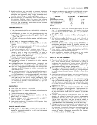 5. Rough correlations have been made of minimum fluidization
velocity, minimum bubbling velocity, bed expansion, bed level
fluctuation, and disengaging height. Experts recommend, how-
ever, that any real design be based on pilot plant work.
6. Practical operations are conducted at two or more multiples of
the minimum fluidizing velocity. In reactors, the entrained
material is recovered with cyclones and returned to process. In
dryers, the fine particles dry most quickly so the entrained
material need not be recycled.
HEAT EXCHANGERS
1. Take true countercurrent flow in a shell-and-tube exchanger as
a basis.
2. Standard tubes are 3/4 in. OD, 1 in. triangular spacing, 16 ft
long; a shell 1 ft dia accommodates 100 sqft; 2 ft dia, 400 sqft,
3 ft dia, 1100 sqft.
3. Tube side is for corrosive, fouling, scaling, and high pressure
fluids.
4. Shell side is for viscous and condensing fluids.
5. Pressure drops are 1.5 psi for boiling and 3–9 psi for other
services.
6. Minimum temperature approach is 20°F with normal cool-
ants, 10°F or less with refrigerants.
7. Water inlet temperature is 90°F, maximum outlet 120°F.
8. Heat transfer coefficients for estimating purposes, Btu/(hr)
(sqft)(°F): water to liquid, 150; condensers, 150; liquid to
liquid, 50; liquid to gas, 5; gas to gas, 5; reboiler, 200. Max
flux in reboilers, 10,000 Btu/(hr)(sqft).
9. Usually, the maximum heat transfer area for a shell-and-tube
heat exchanger is in the range of 5000 ft2
.
10. Double-pipe exchanger is competitive at duties requiring
100–200 sqft.
11. Compact (plate and fin) exchangers have 350 sqft/cuft, and
about 4 times the heat transfer per cuft of shell-and-tube units.
12. Plate and frame exchangers are suited to high sanitation ser-
vices, and are 25–50% cheaper in stainless construction than
shell-and-tube units.
13. Air coolers: Tubes are 0.75–1.00 in. OD, total finned surface 15–
20 sqft/sqft bare surface, U = 80–100 Btu/(hr)(sqft bare surface)
(°F), fan power input 2–5 HP/(MBtu/hr), approach 50°F or more.
14. Fired heaters: radiant rate, 12,000 Btu/(hr)(sqft); convection
rate, 4000; cold oil tube velocity, 6 ft/sec; approx equal trans-
fers of heat in the two sections; thermal efficiency 70–75%; flue
gas temperature 250–350°F above feed inlet; stack gas tem-
perature 650–950°F.
INSULATION
1. Up to 650°F, 85% magnesia is most used.
2. Up to 1600–1900°F, a mixture of asbestos and diatomaceous
earth is used.
3. Ceramic refractories at higher temperatures.
4. Cryogenic equipment (−200°F) employs insulants with fine
pores in which air is trapped.
5. Optimum thickness varies with temperature: 0.5 in. at 200°F,
1.0 in. at 400°F, 1.25 in. at 600°F.
6. Under windy conditions (7.5 miles/hr), 10–20% greater thick-
ness of insulation is justified.
MIXING AND AGITATION
1. Mild agitation is obtained by circulating the liquid with an
impeller at superficial velocities of 0.1–0.2 ft/sec, and intense
agitation at 0.7–1.0 ft/sec.
2. Intensities of agitation with impellers in baffled tanks are mea-
sured by power input, HP/1000 gal, and impeller tip speeds:
Operation HP/1000 gal Tip speed (ft/min)
Blending 0.2–0.5
Homogeneous reaction 0.5–1.5 7.5–10
Reaction with heat transfer 1.5–5.0 10–15
Liquid-liquid mixtures 5 15–20
Liquid-gas mixtures 5–10 15–20
Slurries 10
3. Proportions of a stirred tank relative to the diameter D: liquid
level = D; turbine impeller diameter = D/3; impeller level above
bottom = D/3; impeller blade width = D/15; four vertical baffles
with width = D/10.
4. Propellers are made a maximum of 18 in., turbine impellers to
9 ft.
5. Gas bubbles sparged at the bottom of the vessel will result in
mild agitation at a superficial gas velocity of 1 ft/min, severe
agitation at 4 ft/min.
6. Suspension of solids with a settling velocity of 0.03 ft/sec is
accomplished with either turbine or propeller impellers, but
when the settling velocity is above 0.15 ft/sec intense agitation
with a propeller is needed.
7. Power to drive a mixture of a gas and a liquid can be 25–50%
less than the power to drive the liquid alone.
8. In-line blenders are adequate when a second or two contact
time is sufficient, with power inputs of 0.1–0.2 HP/gal.
PARTICLE SIZE ENLARGEMENT
1. The chief methods of particle size enlargement are: compression
into a mold, extrusion through a die followed by cutting or
breaking to size, globulation of molten material followed by
solidification, agglomeration under tumbling or otherwise agi-
tated conditions with or without binding agents.
2. Rotating drum granulators have length to diameter ratios of
2–3, speeds of 10–20 rpm, pitch as much as 10°. Size is controlled
by speed, residence time, and amount of binder; 2–5 mm dia is
common.
3. Rotary disk granulators produce a more nearly uniform pro-
duct than drum granulators. Fertilizer is made 1.5–3.5 mm; iron
ore 10–25 mm dia.
4. Roll compacting and briquetting is done with rolls ranging
from 130 mm dia by 50 mm wide to 910 mm dia by 550 mm
wide. Extrudates are made 1–10 mm thick and are broken down
to size for any needed processing such as feed to tabletting
machines or to dryers.
5. Tablets are made in rotary compression machines that convert
powders and granules into uniform sizes. Usual maximum dia-
meter is about 1.5 in., but special sizes up to 4 in. dia are possi-
ble. Machines operate at 100 rpm or so and make up to 10,000
tablets/min.
6. Extruders make pellets by forcing powders, pastes, and melts
through a die followed by cutting. An 8 in. screw has a capacity
of 2000 lb/hr of molten plastic and is able to extrude tubing at
150–300 ft/min and to cut it into sizes as small as washers at
8000/min. Ring pellet extrusion mills have hole diameters of 1.6–
32 mm. Production rates cover a range of 30–200 lb/(hr)(HP).
7. Prilling towers convert molten materials into droplets and allow
them to solidify in contact with an air stream. Towers as high as
60 m are used. Economically the process becomes competitive
with other granulation processes when a capacity of 200–400
tons/day is reached. Ammonium nitrate prills, for example,
are 1.6–3.5 mm dia in the 5–95% range.
RULES OF THUMB: SUMMARY XVII
 