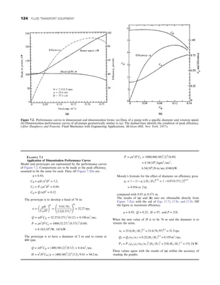 Figure 7.2. Performance curves in dimensional and dimensionless forms: (a) Data of a pump with a specific diameter and rotation speed.
(b) Dimensionless performance curves of all pumps geometrically similar to (a). The dashed lines identify the condition of peak efficiency.
(After Daugherty and Franzini, Fluid Mechanics with Engineering Applications, McGraw-Hill, New York, 1957).
EXAMPLE 7.1
Application of Dimensionless Performance Curves
Model and prototypes are represented by the performance curves
of Figure 7.2. Comparisons are to be made at the peak efficiency,
assumed to be the same for each. Data off Figure 7.2(b) are:
η = 0:93,
CH = gH=n2
D2
= 5:2,
CP = _
P =ρn3
D5
= 0:69,
CQ = Q=nD3
= 0:12:
The prototype is to develop a head of 76 m:
n =
gH
CH D2
 
05
=
9:81ð76Þ
5:2ð0:371Þ2
!
05
= 32:27 rps,
Q = nD3
CQ = 32:27ð0:371Þ3
ð0:12Þ = 0:198 m3
=sec,
_
P = ρn3
D5
Cp = 1000ð32:27Þ3
ð0:371Þ5
ð0:69Þ
= 0:163ð106
ÞW, 163 kW:
The prototype is to have a diameter of 2 m and to rotate at
400 rpm:
Q = nD3
CQ = ð400=60Þð2Þ3
ð0:12Þ = 6:4 m3
=sec,
H = n2
D2
CH =g = ð400=60Þ2
ð2Þ2
ð5:2Þ=9:81 = 94:2 m,
_
P = ρn3
D5
Cp = 1000ð400=60Þ3
ð2Þ5
ð0:69Þ
= 6:54ð106
Þ kgm2
=sec3
,
6:54ð106
ÞN m=sec, 6540 kW:
Moody’s formula for the effect of diameter on efficiency gives
η2 = 1 − ð1 − η1ÞðD1=D2Þ0:25
= 1 − 0:07ð0:371=2Þ0:25
= 0:954 at 2 m,
compared with 0.93 at 0.371 m.
The results of (a) and (b) also are obtainable directly from
Figure 7.2(a) with the aid of Eqs. (7.7), (7.8), and (7.9). Off
the figure at maximum efficiency,
η = 0:93, Q = 0:22, H = 97, and P = 218:
When the new value of H is to be 76 m and the diameter is to
remain the same,
n2 = 35:6ðH2=H1Þ0:5
= 35:6ð76=97Þ0:5
= 31:5rps,
Q2 = Q1ðn2=n1Þ = 0:22ðH2=H1Þ0:5
= 0:195m3
=sec,
_
P 2 = _
P 1ðρ2=ρ1Þðn2=n1Þ3
ðD2=D1Þ5
= 218ðH2=H1Þ1:5
= 151:2kW:
These values agree with the results of (a) within the accuracy of
reading the graphs.
124 FLUID TRANSPORT EQUIPMENT
 