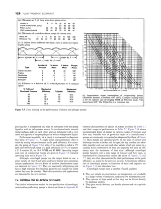 packing that is compressed and may be lubricated with the pump
liquid or with an independent source. In mechanical seals, smooth
metal surfaces slide on each other, and are lubricated with a very
small leakage rate of the pump liquid or with an independent liquid.
Performance capability of a pump is represented on diagrams
like those of Figure 7.7. A single point characterization often is
made by stating the performance at the peak efficiency. For exam-
ple, the pump of Figure 7.7(c) with a 9 in. impeller is called a 175
gpm and 560 ft head pump at a peak efficiency of 57%; it requires
a 15 ft suction lift, an 18 ft NPSH and 43 BHP. Operating ranges
and costs of commercial pumps are given in Figure 7.8. General
operating data are in Figure 7.4.
Although centrifugal pumps are the major kinds in use, a
great variety of other kinds exist and have limited and sometimes
unique applications. Several kinds of positive displacement types
are sketched in Figure 7.12. They are essentially self-priming and
have a high tolerance for entrained gases but not usually for solids
unless they may be crushed. Their characteristics and applications
are discussed in the next section.
7.4. CRITERIA FOR SELECTION OF PUMPS
The kind of information needed for the specification of centrifugal,
reciprocating and rotary pumps is shown on forms in Appendix B.
General characteristics of classes of pumps are listed in Table 7.1
and their ranges of performance in Table 7.2. Figure 7.14 shows
recommended kinds of pumps in various ranges of pressure and
flow rate. Suitable sizes of particular styles of a manufacturer’s
pumps are commonly represented on diagrams like those of Figure
7.8. Here pumps are identified partly by the sizes of suction and
discharge nozzles in inches and the rpm; the key number also iden-
tifies impeller and case size and other details which are stated in a
catalog. Each combination of head and capacity will have an effi-
ciency near the maximum of that style. Although centrifugal
pumps function over a wide range of pressure and flow rates, as
represented by characteristic curves like those of Figures 7.2 and
7.7, they are often characterized by their performance at the peak
efficiency, as stated in the previous section. Approximate efficien-
cies of centrifugal pumps as functions of head and capacity are
on Figure 7.11 and elsewhere here.
Centrifugal pumps have a number of good qualities:
1. They are simple in construction, are inexpensive, are available
in a large variety of materials, and have low maintenance cost.
2. They operate at high speed so that they can be driven directly
by electrical motors.
3. They give steady delivery, can handle slurries and take up little
floor space.
Figure 7.5. Data relating to the performance of piston and plunger pumps.
128 FLUID TRANSPORT EQUIPMENT
 