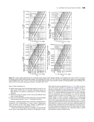 Some of their drawbacks are
4. Single stage pumps cannot develop high pressures except at very
high speeds (10,000 rpm for instance). Multistage pumps for
high pressures are expensive, particularly in corrosion-resistant
materials.
5. Efficiencies drop off rapidly at flow rates much different from
those at peak efficiency.
6. They are not self-priming and their performance drops off rapidly
with increasing viscosity. Figure 7.15 illustrates this effect.
On balance, centrifugal pumps always should be considered first in
comparison with reciprocating or rotary positive displacement
types, but those do have their places. Range of applications of
various kinds of pumps are identified by Figure 7.14.
Pumps with reciprocating pistons or plungers are operated with
steam, motor or gas engine drives, directly or through gears or belts.
Their mode of action is indicated on Figure 7.12(a). They are always
used with several cylinders in parallel with staggered action to
smooth out fluctuations in flow and pressure. Figure 7.5(c) shows
that with five cylinders in parallel the fluctuation is reduced to a max-
imum of 7%. External fluctuation dampers also are used. Although
they are self-priming, they do deteriorate as a result of cavitation
caused by release of vapors in the cylinders. Figure 7.4(e) shows the
NPSH needed to repress cavitation. Application of reciprocating
pumps usually is to low capacities and high pressures of 50–1000
atm or more. Some performance data are shown in Figure 7.5. Screw
pumps are limited by fluid viscosity to pressure limitations because of
shaft deflection, which can result in the screws deflecting against the
pump housing, resulting from pressure differences across the screws.
For fluid viscosities and pressures above the limits which have been
demonstrated by prior application, for a particular pump, a careful
shaft deflection analysis should be done.
Figure 7.6. Upper specific-speed limits for (a) double-suction pumps (shaft through impeller eye) handling clear water at 85°F at sea level,
(b) single-suction pumps (shaft through impeller eye) handling clear water at 85°F at sea level, (c) single-suction pumps (overhung-impeller
type) handling clear water at 85°F at sea level, (d) single-suction mixed- and axial-flow pumps (overhung-impeller type) handling clear
water at 85°F at sea level. (Hydraulic Institute, Cleveland, OH, 1957).
7.4. CRITERIA FOR SELECTION OF PUMPS 129
 
