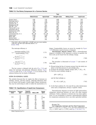 The isentropic efficiency is
ηs =
isentropic work½Eq:ð7:25Þ
actual work½Eq:ð7:35Þ
(7.37)
=
ðP2=P1Þðk−1Þ=k
− 1
ðP2=P1Þðn−1Þ=n
− 1
(7.38)
=
ðP2=P1Þðk−1Þ=k
− 1
ðP2=P1Þðk−1Þ=kηp
− 1
: (7.39)
The last version is obtained with the aid of Eq. (7.34) and
relates the isentropic and polytropic efficiencies directly. Figure
7.27(b) is a plot of Eq. (7.39). Example 7.6 is an exercise in the
relations between the two kinds of efficiencies.
WORK ON NONIDEAL GASES
The methods discussed thus far neglect the effect of pressure on
enthalpy, entropy, and heat capacity. Although efficiencies often
are not known well enough to justify highly refined calculations,
they may be worth doing in order to isolate the uncertainties of a
design. Compressibility factors are given for example by Figure
7.29. Efficiencies must be known or estimated.
Thermodynamic Diagram Method. When a thermodynamic
diagram is available for the substance or mixture in question, the
flow work can be found from the enthalpy change,
W = ΔH: (7.40)
The procedure is illustrated in Example 7.7 and consists of
these steps:
1. Proceed along the line of constant entropy from the initial con-
dition to the final pressure P2 and enthalpy (H2)s.
2. Evaluate the isentropic enthalpy change ðΔHÞs = ðH2Þs − H1:
3. Find the actual enthalpy change as
ΔH = ðΔHÞs=ηs (7.41)
and the final enthalpy as
H2 = H1 + ðΔHÞs=ηs: (7.42)
4. At the final condition (P2, H2) read off any other desired prop-
erties such as temperature, entropy or specific volume.
Thermodynamic diagrams are known for light hydrocarbons,
refrigerants, natural gas mixtures, air, and a few other common
substances. Unless a substance or mixture has very many applica-
tions, it is not worthwhile to construct a thermodynamic diagram
for compression calculations but to use other equivalent methods.
TABLE 7.9. Five Rotary Compressors for a Common Service
Type
Helical Screw Spiral Axial Straight Lobes Sliding Vanes Liquid Liner
Suction loss θi 9.35 1.32 0.89 0.90 1.40
Discharge loss θe 7.35 1.04 0.70 0.70 1.10
Intrinsic corr. B 1.185 1.023 1.016 1.016 1.025
Adiabatic eff. ηad 85.6 97.7 98.5 98.5 97.9
Slippage Ws (%) 28.5 16.6 11.8 11.8 3.0
Slip eff. ηs (%) 71.5 83.4 88.2 88.2 97.0
Thermal eff. ηt (%) 89.2 93.7 95.8 95.5 42.5
Volumetric eff. Evr 68.0 85.7 89.1 89.9 96.6
Displacement (cfm) 14,700 11,650 11,220 11,120 10,370
Rotor dia. (in.) 26.6 26.2 27.0 65.0 45.5
Commercial size, d × L 25 × 25 22 × 33 22 × 33 46 × 92a
43 × 48b
Speed (rpm) 3,500 1,250 593 284 378
Motor (HP) 1,100 800 750 750 1,400
Service factor 1.09 1.11 1.10 1.12 1.10
Discharge temp °F 309 270 262 263 120
a
Twin 32.5 × 65 or triplet 26.5 × 33 (667 rpm) are more realistic.
b
Twin 32 × 32 (613 rpm) alternate where L = d
(Evans, 1979).
TABLE 7.10. Specifications of Liquid Liner Compressors
Compressor
(size)
Pressure
(psi)
Capacity
(cuft/min) Motor (HP)
Speed
(rpm)
5 1020 40
570
8

:
K-6 10 990 60
15 870 75
20 650 100
621
35
8

:
26 71
2
3500
1251 120 40 1750
1256 440 100 1750
621
80
8

:
23 10 3500
1251 110 50 1750
1256 410 150 1750
(Nash Engineering Co.).
EXAMPLE 7.4
Gas Compression, Isentropic and True Final Temperatures
With k = 1:4, P2=P1 = 3 and ηs = 0:71; the final temperatures are
ðT2Þs = 1:369 T1 and T2 = 1:519T1 with Eqs. (7.24) and (7.31).
148 FLUID TRANSPORT EQUIPMENT
 
