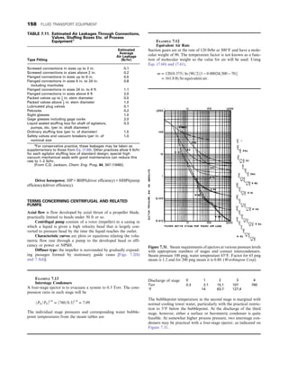 Driver horsepower, HP = BHP/(driver efficiency) = HHP/(pump
efficiency)(driver efficiency).
TERMS CONCERNING CENTRIFUGAL AND RELATED
PUMPS
Axial flow is flow developed by axial thrust of a propeller blade,
practically limited to heads under 50 ft or so.
Centrifugal pump consists of a rotor (impeller) in a casing in
which a liquid is given a high velocity head that is largely con-
verted to pressure head by the time the liquid reaches the outlet.
Characteristic curves are plots or equations relating the volu-
metric flow rate through a pump to the developed head or effi-
ciency or power or NPSH.
Diffuser type: the impeller is surrounded by gradually expand-
ing passages formed by stationary guide vanes [Figs. 7.2(b)
and 7.3(d)].
TABLE 7.11. Estimated Air Leakages Through Connections,
Valves, Stuffing Boxes Etc. of Process
Equipmenta
Type Fitting
Estimated
Average
Air Leakage
(lb/hr)
Screwed connections in sizes up to 2 in. 0.1
Screwed connections in sizes above 2 in. 0.2
Flanged connections in sizes up to 6 in. 0.5
Flanged connections in sizes 6 in. to 24 in.
including manholes
0.8
Flanged connections in sizes 24 in. to 6 ft 1.1
Flanged connections in sizes above 6 ft 2.0
Packed valves up to 1
2
in. stem diameter 0.5
Packed valves above 1
2
in: stem diameter 1.0
Lubricated plug valves 0.1
Petcocks 0.2
Sight glasses 1.0
Gage glasses including gage cocks 2.0
Liquid sealed stuffing box for shaft of agitators,
pumps, etc. (per in. shaft diameter)
0.3
Ordinary stuffing box (per in. of diameter) 1.5
Safety valves and vacuum breakers (per in. of
nominal size
1.0
a
For conservative practice, these leakages may be taken as
supplementary to those from Eq. (7.59). Other practices allow 5 lb/hr
for each agitator stuffing box of standard design; special high
vacuum mechanical seals with good maintenance can reduce this
rate to 1–2 lb/hr.
[From C.D. Jackson, Chem. Eng. Prog. 44, 347 (1948)].
EXAMPLE 7.13
Interstage Condensers
A four-stage ejector is to evacuate a system to 0.3 Torr. The com-
pression ratio in each stage will be
ðP4=P0Þ1=4
= ð760=0:3Þ1=4
= 7:09:
The individual stage pressures and corresponding water bubble-
point temperatures from the steam tables are
Discharge of stage 0 1 2 3 4
Torr 0.3 2.1 15.1 107 760
°F 14 63.7 127.4
The bubblepoint temperature in the second stage is marginal with
normal cooling tower water, particularly with the practical restric-
tion to 5°F below the bubblepoint. At the discharge of the third
stage, however, either a surface or barometric condenser is quite
feasible. At somewhat higher process pressure, two interstage con-
densers may be practical with a four-stage ejector, as indicated on
Figure 7.31.
EXAMPLE 7.12
Equivalent Air Rate
Suction gases are at the rate of 120 lb/hr at 300°F and have a mole-
cular weight of 90. The temperature factor is not known as a func-
tion of molecular weight so the value for air will be used. Using
Eqs. (7.60) and (7.61),
m = 120ð0:375Þ ln ð90=2Þ½1 − 0:00024ð300 − 70Þ
= 161:8 lb=hr equivalent air:
Figure 7.31. Steam requirements of ejectors at various pressure levels
with appropriate numbers of stages and contact intercondensers.
Steam pressure 100 psig, water temperature 85°F. Factor for 65 psig
steam is 1.2 and for 200 psig steam it is 0.80. (Worthington Corp).
158 FLUID TRANSPORT EQUIPMENT
 