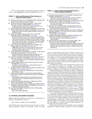 A list of codes pertinent to the chemical industry is found in
Table 1.1 and supplementary codes and standards in Table 1.2.
1.6. MATERIAL AND ENERGY BALANCES
Material and energy balances are based on a conservation law
which is stated generally in the form
input + source = output + sink + accumulation:
The individual terms can be plural and can be rates as well as
absolute quantities. Balances of particular entities are made
around a bounded region called a system. Input and output quan-
tities of an entity cross the boundaries. A source is an increase in
the amount of the entity that occurs without crossing a boundary;
for example, an increase in the sensible enthalpy or in the amount
of a substance as a consequence of chemical reaction. Analo-
gously, sinks are decreases without a boundary crossing, as the dis-
appearance of water from a fluid stream by adsorption onto a solid
phase within the boundary.
Accumulations are time rates of change of the amount of the
entities within the boundary. For example, in the absence of
sources and sinks, an accumulation occurs when the input and out-
put rates are different. In the steady state, the accumulation is zero.
Although the principle of balancing is simple, its application
requires knowledge of the performance of all the kinds of equipment
comprising the system as well as the phase relations and physical
properties of all mixtures that participate in the process. As a conse-
quence of trying to cover a variety of equipment and processes, the
books devoted to the subject of material and energy balances always
run to several hundred pages. Throughout this book, material and
energy balances are utilized in connection with the design of indivi-
dual kinds of equipment and some processes. Cases involving indi-
vidual items of equipment usually are relatively easy to balance,
for example, the overall balance of a distillation column in Section
13.4 and of nonisothermal reactors of Tables 17.4–17.7. When a
process is maintained isothermal, only a material balance is needed
to describe the process, unless it is also required to know the net heat
transfer for maintaining a constant temperature.
In most plant design situations of practical interest, however,
the several items of equipment interact with each other, the output
of one unit being the input to another that in turn may recycle part
of its output to the input equipment. Common examples are an
absorber-stripper combination in which the performance of the
absorber depends on the quality of the absorbent being returned
from the stripper, or a catalytic cracker–catalyst regenerator sys-
tem whose two parts interact closely.
Because the performance of a particular item of equipment
depends on its input, recycling of streams in a process introduces
TABLE 1.1. Codes and Standards of Direct Bearing on
Chemical Process Design
A. American Chemistry Council, 1300 Wilson Blvd., Arlington, VA
22209, (703) 741-5000, Fax (703) 741-6000.
B. American Institute of Chemical Engineers, 3 Park Avenue,
New York, NY 10016, 1-800-242-4363, www.aiche.org.
Standard testing procedures for process equipment, e.g.
centrifuges, filters, mixers, fired heaters, etc.
C. American National Standards Institute, (ANSI), 1819 L Street, NW,
6th Floor, Washington, DC, 20036, 1-202-293-8020, www.ansi.org.
Abbreviations, letter symbols, graphic symbols, drawing and
drafting practices.
D. American Petroleum Institute, (API), 1220 L Street, NW,
Washington, 20005 1-202-682-8000, www.api.org.
Recommended practices for refinery operations, guides for
inspection of refinery equipment, manual on disposal wastes,
recommended practice for design and construction of large,
low pressure storage tanks, recommended practice for design
and construction of pressure relief devices, recommended
practices for safety and fire protection, etc.
E. American Society of Mechanical Engineers, (ASME), 3 Park
Avenue, New York, NY, 10016, www.asme.org.
ASME Boiler and Pressure Vessel Code, Sec. VIII, Unfired
Pressure Vessels, Code for pressure piping, scheme for
identifying piping systems, etc.
F. American Society for Testing Materials, (ASTM), 110 Bar Harbor
Drive, West Conshohocken, PA, www.astm.org.
ASTM Standards for testing materials, 66 volumes in 16
sections, annual with about 30% revision each year.
G. Center for Chemical Process Safety, 3 Park Avenue, 19th Floor,
New York, NY 10016, 1-212-591-7237, www.ccpsonline.org.
Various guidelines for the safe handling of chemicals (CCPS is
sponsored by AIChE).
H. Cooling Tower Institute, P.O. Box 74273, Houston, TX 77273,
1-281-583-4087, www.cti.org.
Acceptance test procedures for cooling water towers of
mechanical draft industrial type.
I. Hydraulic Institute, 9 Sylvan Way, Parsippany, NJ 07054, 1-973-
267-9700, www.hydraulicinstitute.org.
Standards for centrifugal, reciprocating and rotary pumps,
pipe friction manual.
J. Instrumentation, Systems and Automation Society (ISA), 67
Alexander Dr., Research Triangle Park, NC 27709, 1-919-549-8411,
www.isa.org.
Instrumentation flow plan symbols, specification forms for
instruments, Dynamic response testing of process control
instruments, etc.
K. National Fire Protection Association, 1 Batterymarch Park,
Quincy, MA 02169-7471, (617) 770-3000.
L. Tubular Exchangers Manufacturers’ Association (TEMA), 25 North
Broadway, Tarrytown, NY 10591, 1-914-332-0040, www.tema.org.
TEMA heat exchanger standards.
M. International Standards Organization (ISO), 1430 Broadway,
New York, NY, 10018.
Many international standards.
TABLE 1.2. Codes and Standards Supplementary to
Process Design (a Selection)
A. American Concrete Institute, P.O. Box 9094, Farmington Hills,
MI 48333, (248) 848-3700, www.aci.org.
Reinforced concrete design handbook, manual of standard
practice for detailing reinforced concrete structures.
B. American Institute of Steel Construction, 1 E. Wacker Drive, Suite
3100, Chicago, IL, 60601, (312) 670-2400, www.aisc.org.
Manual of steel construction, standard practice for steel
structures and bridges.
C. American Iron and Steel Institute, 1140 Connecticut Avenue,
NW, Suite 705, Washington, DC, (202) 452-7100, www.aisi.org.
AISI standard steel compositions.
D. American Society of Heating, Refrigeration and Air Conditioning
Engineers, ASHRAE, 1791 Tullie Circle, NE, Atlanta, GA 30329,
(404) 636-8400, www.ashrae.org.
Refrigeration data handbook.
E. Institute of Electrical and Electronic Engineers, 445 Hoes Lane,
Piscataway, NJ, 08854, (732) 981-0600, www.ieee.org.
Many standards including flowsheet symbols for
instrumentation.
F. National Institute of Standards and Technology (NIST), 100
Bureau Drive, Stop 1070, Gaithersburg, MD 20899.
Formerly the National Bureau of Standards. Measurement and
standards research, standard reference materials, standards
reference data, weights and measures, materials science and
engineering.
1.6. MATERIAL AND ENERGY BALANCES 3
 