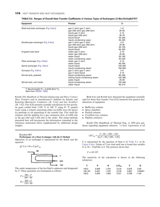 Kreith (The Handbook of Thermal Engineering and Direct Contact
Heat Transfer) and in manufacturer’s bulletins by Schutte and
Koerting (Barometric Condensers [B. 5AA] and Gas Scrubbers
[B. 7-S]). Fair (CE) presents example calculations for hot pyroly-
sis gases cooled from 1,100 °F to 100 °F using 85 °F quench
water using a column containing either (a) baffle trays (b) sprays
(c) packings or (d) quenching in the transfer line. Fair sized the
columns and the pipeline for a gas volumetric flow of 4,060 cfm
at the gas inlet and 1,420 cfm at the outlet. The sizing methods
presented here will incorporate the information contained in the
references mentioned above supplemented by additional design
insights.
Both Fair and Kreith have discussed the equipment normally
used for direct heat transfer. Fair (CE) mentions four general clas-
sifications of equipment
• Baffle-tray column.
• Spray chambers.
• Packed columns.
• Crossflow-tray columns.
• Pipeline contactor.
Kreith (The Handbook of Thermal Eng., p. 699) give gui-
dance regarding equipment selection: “A basic requirement in all
TABLE 8.5. Ranges of Overall Heat Transfer Coefficients in Various Types of Exchangers [U Btu/(hr)(sqft)(°F)]a
Equipment Process U
Shell-and-tube exchanger [Fig. 8.4(c)] gas (1 atm)–gas (1 atm) 1–6
gas (250 atm)–gas (250 atm) 25–50
liquid–gas (1 atm) 2–12
liquid–gas (250 atm) 35–70
liquid–liquid 25–200
liquid–condensing vapor 50–200
Double-pipe exchanger [Fig. 8.4(a)] gas (1 atm)–gas (1 atm) 2–6
gas (250 atm)–gas (250 atm) 25–90
liquid–gas (250 atm) 35–100
liquid–liquid 50–250
Irrigated tube bank water–gas (1 atm) 3–10
water–gas (250 atm) 25–60
water–liquid 50–160
water–condensing vapor 50–200
Plate exchanger [Fig. 8.8(a)] water–gas (1 atm) 3–10
water–liquid 60–200
Spiral exchanger [Fig. 8.8(c)] liquid–liquid 120–440
liquid–condensing steam 160–600
Compact [Fig. 8.6(h)] gas (1 atm)–gas (1 atm) 2–6
gas (1 atm)–liquid 3–10
Stirred tank, jacketed liquid–condensing steam 90–260
boiling liquid–condensing steam 120–300
water–liquid 25–60
Stirred tank, coil inside liquid–condensing steam 120–440
water–liquid 90–210
a
1 Btu/(hr)(sqft)(°F) = 5.6745 W/m2
K.
Data from (HEDH, 1983).
EXAMPLE 8.3
Performance of a Heat Exchanger with the F-Method
Operation of an exchanger is represented by the sketch and the
equation
Q=UA = 50 = FðΔTÞlm
The outlet temperature of the hot fluid is unknown and designated
by T. These quantities are formulated as follows:
P =
200 − T
200 − 80
,
R = 200 − T
120 − 80
,
ðΔTÞlm =
T − 80 − ð200 − 120Þ
ln½ðT − 80Þ=ð200 − 120Þ
F is represented by the equation of Item 6 of Table 8.3, or by
Figure 8.4(a). Values of T are tried until one is found that satisfies
G ≡ 50 − F(ΔT)lm ≅ 0. The printout shows that
T = 145:197:
The sensitivity of the calculation is shown in the following
tabulation:
T P R (ΔT)lm F G
145.0 0.458 1.375 72.24 0.679 0.94
145.197 0.457 1.370 72.35 0.691 0.00061
145.5 0.454 1.363 72.51 0.708 −1.34
174 HEAT TRANSFER AND HEAT EXCHANGERS
 