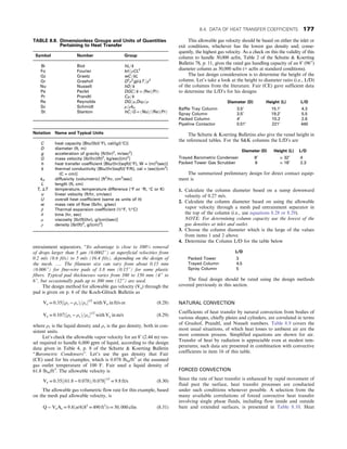 entrainment separators, “Its advantage is close to 100% removal
of drops larger than 5 μm (0.0002”) at superficial velocities from
0.2 m/s (0.6 ft/s) to 5 m/s (16.4 ft/s), depending on the design of
the mesh. …. The filament size can vary from about 0.15 mm
(0.006”) for fine-wire pads of 3.8 mm (0.15”) for some plastic
fibers. Typical pad thicknesses varies from 100 to 150 mm (4” to
6”, but occasionally pads up to 300 mm (12”) are used.
The design method for allowable gas velocity (Va) through the
pad is given on p. 6 of the Koch-Glitsch Bulletin as
Va = 0:35½ðρ1 − ρvÞ=ρv1/2
with Va in ft/s or (8.28)
Va = 0:107½ðρ1 − ρvÞ=ρv1/2
with Va in m/s (8.29)
where ρ1 is the liquid density and ρv is the gas density, both in con-
sistent units.
Let’s check the allowable vapor velocity for an 8’ (2.44 m) ves-
sel required to handle 6,000 gpm of liquid, according to the design
data given in Table 4, p. 8 of the Schutte  Koerting Bulletin
“Barometric Condensers”. Let’s use the gas density that Fair
(CE) used for his examples, which is 0.078 lbm/ft3
at the assumed
gas outlet temperature of 100 F. Fair used a liquid density of
61.8 lbm/ft3
. The allowable velocity is
Va = 0:35½ð61:8 − 0:078Þ=0:0781/2
= 9:8 ft/s (8.30)
The allowable gas volumetric flow rate for this example, based
on the mesh pad allowable velocity, is
Q ¼ VaAc = 9:8ðπ/4Þ82
= 490 ft3
/s = 30, 000 cfm (8.31)
This allowable gas velocity should be based on either the inlet or
exit conditions, whichever has the lowest gas density and; conse-
quently, the highest gas velocity. As a check on this the validity of this
column to handle 30,000 acfm, Table 2 of the Schutte  Koerting
Bulletin 7S, p. 11, gives the rated gas handling capacity of an 8’ (96”)
diameter column as 30,000 scfm (= acfm at standard conditions).
The last design consideration is to determine the height of the
column. Let’s take a look at the height to diameter ratio (i.e., L/D)
of the columns from the literature. Fair (CE) gave sufficient data
to determine the L/D’s for his designs
Diameter (D) Height (L) L/D
Baffle Tray Column 3.5’ 15.1’ 4.3
Spray Column 3.5’ 19.2’ 5.5
Packed Column 4’ 10.2 2.6
Pipeline Contactor 0.51’ 221’ 440
The Schutte  Koerting Bulletins also give the vessel height in
the referenced tables. For the SK columns the L/D’s are
Diameter (D) Height (L) L/D
Trayed Barometric Condenser 8’ ≈ 32’ 4
Packed Tower Gas Scrubber 8 ≈ 18’ 2.3
The summarized preliminary design for direct contact equip-
ment is
1. Calculate the column diameter based on a sump downward
velocity of 0.27 m/s.
2. Calculate the column diameter based on using the allowable
vapor velocity through a mesh pad entrainment separator in
the top of the column (i.e., use equations 8.28 or 8.29).
NOTE: For determining column capacity use the lowest of the
gas densities at inlet and outlet.
3. Choose the column diameter which is the large of the values
from items 1 and 2 above.
4. Determine the Column L/D for the table below
L/D
Packed Tower 3
Trayed Column 4.5
Spray Column 5
The final design should be rated using the design methods
covered previously in this section.
NATURAL CONVECTION
Coefficients of heat transfer by natural convection from bodies of
various shapes, chiefly plates and cylinders, are correlated in terms
of Grashof, Prandtl, and Nusselt numbers. Table 8.9 covers the
most usual situations, of which heat losses to ambient air are the
most common process. Simplified equations are shown for air.
Transfer of heat by radiation is appreciable even at modest tem-
peratures; such data are presented in combination with convective
coefficients in item 16 of this table.
FORCED CONVECTION
Since the rate of heat transfer is enhanced by rapid movement of
fluid past the surface, heat transfer processes are conducted
under such conditions whenever possible. A selection from the
many available correlations of forced convective heat transfer
involving single phase fluids, including flow inside and outside
bare and extended surfaces, is presented in Table 8.10. Heat
TABLE 8.8. Dimensionless Groups and Units of Quantities
Pertaining to Heat Transfer
Symbol Number Group
Bi Biot hL=k
Fo Fourier kθ=ρCL2
Gz Graetz wC=kL
Gr Grashof D3
ρ2
gβΔT =μ2
Nu Nusselt hD=k
Pe Peclet DGC=k = ðReÞðPrÞ
Pr Prandtl Cμ=k
Re Reynolds DG=μ,Duρ=μ
Sc Schmidt μ=ρkd
St Stanton hC=G = ðNuÞ=ðReÞðPrÞ
Notation Name and Typical Units
C heat capacity [Btu/(lb)(°F), cal/(g)(°C)]
D diameter (ft, m)
g acceleration of gravity [ft/(hr)2
, m/sec2
]
G mass velocity [lb/(hr)(ft)2
, kg/sec)(m)2
]
h heat transfer coefficient [Btu/(hr)(sqft)(°F), W = (m)2
(sec)]
k thermal conductivity [Btu/(hr)(sqft)(°F/ft), cal = (sec)(cm2
)
(C = cm)]
kd diffusivity (volumetric) [ft2
/hr, cm2
/sec]
L length (ft, cm)
T, ΔT temperature, temperature difference (°F or °R, °C or K)
u linear velocity (ft/hr, cm/sec)
U overall heat coefficient (same as units of h)
w mass rate of flow (lb/hr, g/sec)
β Thermal expansion coefficient (1/°F, 1/°C)
θ time (hr, sec)
μ viscosity [lb/(ft)(hr), g/(cm)(sec)]
ρ density [lb/(ft)3
, g/(cm)3
]
8.4. DATA OF HEAT TRANSFER COEFFICIENTS 177
 