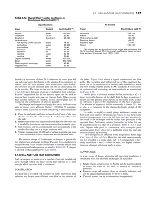 limited to a maximum of about 20 ft; otherwise the center pipe will
sag and cause poor distribution in the annulus. It is customary to
operate with the high pressure, high temperature, high density,
and corrosive fluid in the inner pipe and the less demanding one
in the annulus. The inner surface can be provided with scrapers
[Fig. 8.4(b)] as in dewaxing of oils or crystallization from solutions.
External longitudinal fins in the annular space can be used to
improve heat transfer with gases or viscous fluids. When greater
heat transfer surfaces are needed, several double-pipes can be
stacked in any combination of series or parallel.
Double-pipe exchangers have largely lost out to shell-and-tube
units in recent years, although Walker (1982) lists 70 manufac-
turers of them. They may be worth considering in these situations:
1. When the shell-side coefficient is less than half that of the tube
side; the annular side coefficient can be made comparable to the
tube side.
2. Temperature crosses that require multishell shell-and-tube units can
be avoided by the inherent true countercurrent flow in double pipes.
3. High pressures can be accommodated more economically in the
annulus than they can in a larger diameter shell.
4. At duties requiring only 100–200 sqft of surface the double-pipe may
be more economical, even in comparison with off-the-shelf units.
The process design of double-pipe exchangers is practically
the simplest heat exchanger problem. Pressure drop calculation is
straightforward. Heat transfer coefficients in annular spaces have
been investigated and equations are cited in Table 8.10. A chapter
is devoted to this equipment by Kern (1950).
8.7. SHELL-AND-TUBE HEAT EXCHANGERS
Such exchangers are made up of a number of tubes in parallel and
series through which one fluid travels and enclosed in a shell
through which the other fluid is conducted.
CONSTRUCTION
The shell side is provided with a number of baffles to promote high
velocities and largely more efficient cross flow on the outsides of
the tubes. Figure 8.4(c) shows a typical construction and flow
paths. The versatility and widespread use of this equipment has
given rise to the development of industrywide standards of which
the most widely observed are the TEMA standards. Classifications
of equipment and terminology of these standards are summarized
on Figure 8.11.
Baffle pitch, or distance between baffles, normally is 0.2–1.0
times the inside diameter of the shell. Both the heat transfer coef-
ficient and the pressure drop depend on the baffle pitch, so that
its selection is part of the optimization of the heat exchanger.
The window of segmental baffles commonly is about 25%, but
it also is a parameter in the thermal-hydraulic design of the
equipment.
In order to simplify external piping, exchangers mostly are
built with even numbers of tube passes. Figure 8.12(c) shows some
possible arrangements, where the full lines represent partitions in
one head of the exchanger and the dashed lines partitions in the
opposite head. Partitioning reduces the number of tubes that can
be accommodated in a shell of a given size. Table 8.13 is of such
data. Square tube pitch in comparison with triangular pitch
accommodates fewer tubes but is preferable when the shell side
must be cleaned by brushing.
Two shell passes are obtained with a longitudinal baffle, type
F in Figures 8.11(a) or 8.3(c). More than two shell passes normally
are not provided in a single shell, but a 4–8 arrangement is ther-
mally equivalent to two 2–4 shells in series, and higher combina-
tions are obtained with more shells in series.
ADVANTAGES
A wide range of design alternates and operating conditions is
obtainable with shell-and-tube exchangers, in particular:
• Single phases, condensation or boiling can be accommodated
in either the tubes or the shell, in vertical or horizontal
positions.
• Pressure range and pressure drop are virtually unlimited, and
can be adjusted independently for the two fluids.
• Thermal stresses can be accommodated inexpensively.
TABLE 8.12. Overall Heat Transfer Coefficients in
Condensers, Btu/(hr)(sqft)(°F)a
Liquid Coolants
Vapor Coolant Btu/(hr)(sqft)(°F)
Alcohol water 100–200
Dowtherm tall oil 60–80
Dowtherm Dowtherm 80–120
Hydrocarbons
high boiling under vacuum water 18–50
low boiling water 80–200
intermediate oil 25–40
kerosene water 30–65
kerosene oil 20–30
naphtha water 50–75
naphtha oil 20–40
Organic solvents water 100–200
Steam water 400–1000
Steam-organic azeotrope water 40–80
Vegetable oils water 20–50
Air Coolers
Vapor Btu/(hr)(bare sqft)(°F)
Ammonia 100–120
Freons 60–80
Hydrocarbons, light 80–100
Naphtha, heavy 60–70
Naphtha, light 70–80
Steam 130–140
a
Air cooler data are based on 50 mm tubes with aluminum fins
16–18 mm high spaced 2.5–3 mm apart, coefficients based on bare
tube surface. (Excerpted from HEDH, 1983).
8.7. SHELL-AND-TUBE HEAT EXCHANGERS 187
 
