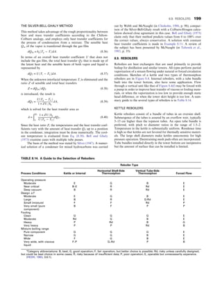 THE SILVER-BELL-GHALY METHOD
This method takes advantage of the rough proportionality between
heat and mass transfer coefficients according to the Chilton-
Colburn analogy, and employs only heat transfer coefficients for
the process of condensation from a mixture. The sensible heat
Qsυ of the vapor is transferred through the gas film
dQSυ = hgðTg − TiÞdA: (8.36)
In terms of an overall heat transfer coefficient U that does not
include the gas film, the total heat transfer QT that is made up of
the latent heat and the sensible heats of both vapor and liquid is
represented by
dQT = UðTi − TLÞdA: (8.37)
When the unknown interfacial temperature Ti is eliminated and the
ratio Z of sensible and total heat transfers
Z = dQSυ=dQT (8.38)
is introduced, the result is
dQT =
UðTg − TLÞ
1 + ZU=hg
dA, (8.39)
which is solved for the heat transfer area as
A =
ðQT
0
1 + ZU=hg
UðTg − TLÞ
dQT : (8.40)
Since the heat ratio Z, the temperatures and the heat transfer coef-
ficients vary with the amount of heat transfer QT up to a position
in the condenser, integration must be done numerically. The cool-
ant temperature is evaluated from Eq. (8.38). Bell and Ghaly
(1973) examine cases with multiple tube passes.
The basis of the method was stated by Silver (1947). A numer-
ical solution of a condenser for mixed hydrocarbons was carried
out by Webb and McNaught (in Chisholm, 1980, p. 98); compar-
ison of the Silver-Bell-Ghaly result with a Colburn-Hougen calcu-
lation showed close agreement in this case. Bell and Ghaly (1973)
claim only that their method predicts values from 0 to 100% over
the correct values, always conservative. A solution with constant
heat transfer coefficients is made in Example 8.11: A review of
the subject has been presented by McNaught (in Taborek et al.,
1983, p. 35).
8.9. REBOILERS
Reboilers are heat exchangers that are used primarily to provide
boilup for distillation and similar towers. All types perform partial
vaporization of a stream flowing under natural or forced circulation
conditions. Sketches of a kettle and two types of thermosiphon
reboilers are in Figure 8.4. Internal reboilers, with a tube bundle
built into the tower bottom, also have some application. Flow
through a vertical unit like that of Figure 8.4(f) may be forced with
a pump in order to improve heat transfer of viscous or fouling mate-
rials, or when the vaporization is too low to provide enough static
head difference, or when the tower skirt height is too low. A sum-
mary guide to the several types of reboilers is in Table 8.14.
KETTLE REBOILERS
Kettle reboilers consist of a bundle of tubes in an oversize shell.
Submergence of the tubes is assured by an overflow weir, typically
5–15 cm higher than the topmost tubes. An open tube bundle is
preferred, with pitch to diameter ratios in the range of 1.5–2.
Temperature in the kettle is substantially uniform. Residence time
is high so that kettles are not favored for thermally sensitive materi-
als. The large shell diameters make kettles uneconomic for high
pressure operation. Deentraining mesh pads often are incorporated.
Tube bundles installed directly in the tower bottom are inexpensive
but the amount of surface that can be installed is limited.
TABLE 8.14. A Guide to the Selection of Reboilers
Process Conditions
Reboiler Type
Kettle or Internal
Horizontal Shell-Side
Thermosiphon
Vertical Tube-Side
Thermosiphon Forced Flow
Operating pressure
Moderate E G B E
Near critical B–E R Rd E
Deep vacuum B R Rd E
Design ΔT
Moderate E G B E
Large B R G-Rd E
Small (mixture) F F Rd P
Very small (pure
component)
B F P P
Fouling
Clean G G G E
Moderate Rd G B E
Heavy P Rd B G
Very heavy P P Rd B
Mixture boiling range
Pure component G G G E
Narrow G G B E
Wide F G B E
Very wide, with viscous
liquid
F–P G–Rd P B
a
Category abbreviations: B, best; G, good operation; F, fair operation, but better choice is possible; Rd, risky unless carefully designed,
but could be best choice in some cases; R, risky because of insufficient data; P, poor operation; E, operable but unnecessarily expensive.
(HEDH, 1983, 3.6.1).
8.9. REBOILERS 199
 
