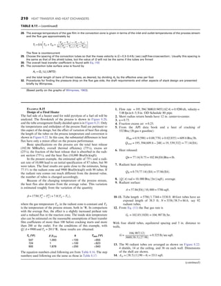 28. The average temperature of the gas film in the convection zone is given in terms of the inlet and outlet temperatures of the process stream
and the flue gas approximately by
Tf = 0:5 TL1 + TL0 +
ðTg1 − TL1Þ − ðTs − ΤL0Þ
ln ½ðTg1 − TL1Þ=ðTs − TL0Þ
 
The flow is countercurrent
29. Choose the spacing of the convection tubes so that the mass velocity is G = 0:3–0:4 lb=ðsecÞðsqft free cross sectionÞ: Usually this spacing is
the same as that of the shield tubes, but the value of G will not be the same if the tubes are finned
30. The overall heat transfer coefficient is found with Eq. (10)
31. The convection tube surface area is found by
Ac = Qc=UcðLMTDÞ
and the total length of bare of finned tubes, as desired, by dividing Ac by the effective area per foot
32. Procedures for finding the pressure drop on the flue gas side, the draft requirements and other aspects of stack design are presented
briefly by Wimpress.
(Based partly on the graphs of Wimpress, 1963).
EXAMPLE 8.15
Design of a Fired Heater
The fuel side of a heater used for mild pyrolysis of a fuel oil will be
analyzed. The flowsketch of the process is shown in Figure 8.20,
and the tube arrangement finally decided upon is in Figure 8.21. Only
the temperatures and enthalpies of the process fluid are pertinent to
this aspect of the design, but the effect of variation of heat flux along
the length of the tubes on the process temperature and conversion is
shown in Figure 8.22. In this case, the substantial differences in heat
flux have only a minor effect on the process performance.
Basic specifications on the process are the total heat release
(102.86 MBtu/hr), overall thermal efficiency (75%), excess air
(25%), the fraction of the heat release that is absorbed in the radi-
ant section (75%), and the heat flux (10,000 Btu/(hr)(sqft).
In the present example, the estimated split of 75% and a radi-
ant rate of 10,000 lead to an initial specification of 87 tubes, but 90
were taken. The final results are quite close to the estimates, being
77.1% to the radiant zone and 9900 Btu/(hr)(sqft) with 90 tubes. If
the radiant rate comes out much different from the desired value,
the number of tubes is changed accordingly.
Because of the changing temperature of the process stream,
the heat flux also deviates from the average value. This variation
is estimated roughly from the variation of the quantity
β = 1730ðT4
g − T4
LÞ + 7:0ðTg − TLÞ,
where the gas temperature Tg, in the radiant zone is constant and TL
is the temperature of the process stream, both in °R. In comparison
with the average flux, the effect is a slightly increased preheat rate
and a reduced flux in the reaction zone. The inside skin temperature
also can be estimated on the reasonable assumptions of heat transfer
film coefficients of more than 100 before cracking starts and more
than 200 at the outlet. For the conditions of this example, with
Q=A = 9900 and Tg = 2011°R, these results are obtained:
TL (°F) β=β724 h Tskin (°F)
547 1.093 100 655
724 1 100 823
900 1.878 200 943
The equation numbers cited following are from Table 8.16. The step
numbers used following are the same as those in Table 8.17:
1. Flow rate = 195, 394=3600ð0:9455Þð62:4Þ = 0:9200 cfs, velocity =
5:08 fps in 6–5=8 in: OD Schedule 80 pipe.
2. Short radius return bends have 12 in. center-to-center.
3. η = 0:75:
4. Fraction excess air = 0:25:
5. From the API data book and a heat of cracking of
332 Btu=ðlb gas + gasolineÞ:
H900 = 0:9ð590Þ + 0:08ð770Þ + 0:02ð855Þ = 609:6 Btu=lb,
Qtotal = 195, 394ð609:6 − 248Þ + 19, 539ð332Þ = 77:14ðE6Þ:
6. Heat released:
Qn = 77:14=0:75 = 102:86ðE6ÞBtu = lb:
7. Radiant heat absorption:
QR = 0:75ð77:14ÞðE6Þ = 57:86ðE6Þ:
8. ðQ=AÞ rad = 10, 000 Btu=ðhrÞðsqftÞ, average:
9. Radiant surface:
A = 57:86ðE6Þ=10, 000 = 5786 sqft:
10–11. Tube length = 5786=1:7344 = 3336 ft 40 foot tubes have an
exposed length of 38.5 ft; N = 3336=38:5 = 86:6, say 92
radiant tubes.
12. From Eq. (11) the flue gas rate is
Gf = 102:85ð1020Þ = 104, 907 lb=hr:
With four shield tubes, equilateral spacing and 3 in. distance to
walls,
G =
104, 907ð12Þ
3600ð38:5Þð27:98Þ
= 0:325 lb=sec sqft:
13. The 90 radiant tubes are arranged as shown on Figure 8.22:
4 shields, 14 at the ceiling, and 36 on each wall. Dimensions
of the shell are shown.
14. Acp = ð38:5Þð1Þð90 − 4Þ = 3311 sqft:
(continued)
TABLE 8.17.—(continued)
210 HEAT TRANSFER AND HEAT EXCHANGERS
 