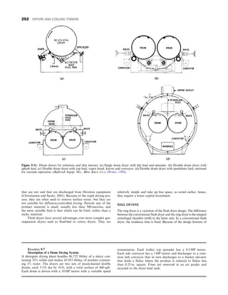 that are wet and that are discharged from filtration equipment
(Christiansen and Sardo, 2001). Because of the rapid drying pro-
cess, they are often used to remove surface water, but they are
not suitable for diffusion-controlled drying. Particle size of the
product material is small, usually less than 500 microns, and
the most suitable feed is that which can be fried, rather than a
sticky material.
Flash dryers have several advantages over more complex gas-
suspension dryers such as fluid-bed or rotary dryers. They are
relatively simple and take up less space, as noted earlier, hence,
they require a lower capital investment.
RING DRYERS
The ring dryer is a variation of the flash dryer design. The difference
between the conventional flash dryer and the ring dryer is the integral
centrifugal classifier (mill) in the latter unit. In a conventional flash
dryer, the residence time is fixed. Because of the design features of
Figure 9.11. Drum dryers for solutions and thin slurries. (a) Single drum dryer with dip feed and spreader. (b) Double drum dryer with
splash feed. (c) Double drum dryer with top feed, vapor hood, knives and conveyor. (d) Double drum dryer with pendulum feed, enclosed
for vacuum operation. (Buflovak Equip. Div., Blaw Knox Co.). (Walas, 1988).
EXAMPLE 9.7
Description of a Drum Drying System
A detergent drying plant handles 86,722 lb/day of a slurry con-
taining 52% solids and makes 45,923 lb/day of product contain-
ing 2% water. The dryers are two sets of steam-heated double
drums, each 3.5 ft dia by 10 ft, with a total surface of 440 sqft.
Each drum is driven with a 10 HP motor with a variable speed
transmission. Each trolley top spreader has a 0.5 HP motor.
Each side conveyor has a 1 HP motor and discharges to a com-
mon belt conveyor that in turn discharges to a bucket elevator
that feeds a flaker where the product is reduced to flakes less
than 0.25 in. square. Fines are removed in an air grader and
recycled to the dryer feed tank.
252 DRYERS AND COOLING TOWERS
 