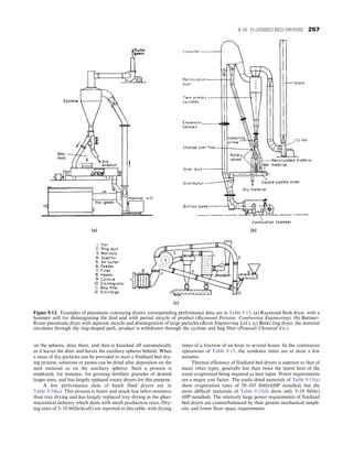 on the spheres, dries there, and then is knocked off automatically
as it leaves the drier and leaves the auxiliary spheres behind. When
a mass of dry particles can be provided to start a fluidized bed dry-
ing process, solutions or pastes can be dried after deposition on the
seed material as on the auxiliary spheres. Such a process is
employed, for instance, for growing fertilizer granules of desired
larger sizes, and has largely replaced rotary dryers for this purpose.
A few performance data of batch fluid dryers are in
Table 9.14(a). This process is faster and much less labor-intensive
than tray drying and has largely replaced tray drying in the phar-
maceutical industry which deals with small production rates. Dry-
ing rates of 2–10 lb/(hr)(cuft) are reported in this table, with drying
times of a fraction of an hour to several hours. In the continuous
operations of Table 9.15, the residence times are at most a few
minutes.
Thermal efficiency of fluidized bed dryers is superior to that of
many other types, generally less than twice the latent heat of the
water evaporated being required as heat input. Power requirements
are a major cost factor. The easily dried materials of Table 9.15(a)
show evaporation rates of 58–103 lb/(hr)(HP installed) but the
more difficult materials of Table 9.15(d) show only 5–18 lb/(hr)
(HP installed). The relatively large power requirements of fluidized
bed dryers are counterbalanced by their greater mechanical simpli-
city and lower floor space requirements.
Figure 9.12. Examples of pneumatic conveying dryers; corresponding performance data are in Table 9.13. (a) Raymond flash dryer, with a
hammer mill for disintegrating the feed and with partial recycle of product (Raymond Division, Combustion Engineering). (b) Buttner–
Rosin pneumatic dryer with separate recycle and disintegration of large particles (Rosin Engineering Ltd.). (c) Berks ring dryer; the material
circulates through the ring-shaped path, product is withdrawn through the cyclone and bag filter (Pennsalt Chemical Co.).
9.10. FLUIDIZED BED DRYERS 257
 