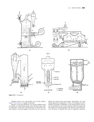 Residence times of air and particles are far from uniform;
Figure 9.5(a) and (b) is a sample of such data.
Because of slip and turbulence, the average residence times
of particles are substantially greater than the mean time of the
air, definitely so in the case of countercurrent or mixed flow. Sur-
face moisture is removed rapidly, in less than 5 sec as a rule, but
falling rate drying takes much longer. Nevertheless, the usual
drying operation is completed in 5–30 sec. The residence time dis-
tribution of particles is dependent on the mixing behavior and on
the size distribution. The coarsest particles fall most rapidly and
take longest for complete drying. If the material is heat-sensitive,
very tall towers in parallel flow must be employed; otherwise,
Figure 9.13. —(continued)
9.11. SPRAY DRYERS 261
 