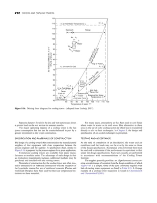 Separate dampers for air in the dry and wet sections can direct
a greater load on the wet section in summer months.
The major operating expense of a cooling tower is the fan
power consumption but this can be counterbalanced in part by a
greater investment in the tower construction.
SPECIFICATION AND MATERIALS OF CONSTRUCTION
The design of a cooling tower is best outsourced to the manufacturers/
suppliers of that equipment with close cooperation between the
process engineer and the supplier. A specification sheet, similar to
Figure 9.18, is prepared by the process engineer for a given application.
Commercial cooling towers are available from many manu-
facturers as modular units. The advantage of such design is that
as production requirements increase, additional modules may be
purchased and installed with the existing towers.
Materials of construction for the cooling tower are often trea-
ted or untreated fir or redwood construction with the exception of
the hyperbolic towers that are of reinforced concrete. Plastics and
reinforced fiberglass have been used but there are temperature lim-
itations on these materials.
For many years, atmospheric air has been used to cool fluids
where water is scarce as in arid areas. One alternative in these
areas is the use of a dry cooling system in which heat is transferred
directly to air via heat exchangers. In Chapter 8, the design and
specification of air-cooled exchangers is presented.
TESTING AND ACCEPTANCE
At the time of completion of an installation, the water and air
conditions and the loads may not be exactly the same as those
of the design specification. Acceptance tests performed then must
be analyzed to determine if the performance is equivalent to that
under the design specifications. Such tests usually are performed
in accordance with recommendations of the Cooling Tower
Institute.
The supplier generally provides a set of performance curves cov-
ering a modest range of variation from the design condition, of which
Figure 9.19 is a sample. Some of the data commonly required with
bids of cooling tower equipment are listed in Table 9.18. A 10-page
example of a cooling tower requisition is found in Cheremisinoff
and Cheremisinoff (1981).
Water
Water
t1
t2
Air h1
Air
h2
Approach Range
h1 for warm Air Out
80 85 90 95
Temperature of water, 8F, t
100 105 110 115 120
120
115
110
105
100
95
90
85
80
75
70
65
60
55
50
45
40
Air
Enthalpy
of
Moist
Air,
h
or
h'
BTU/lb.
of
Dry
Air
h1
1 at Hot Water Temperature, t1
h1
1 , t1
h1
2 , t2
h1
2 at Cold Water
Temp.
Cool Air.
in h2
S
a
t
u
r
a
t
i
o
n
C
u
r
v
e
W
a
t
e
r
O
p
e
r
a
t
i
n
g
L
i
n
e
Top of Tower
h1, t1
Bottom of
Tower
Cold water Temp., t2
Air Wet
Bulb Temp.in
Wet Bulb
Temp. Out
Entering Hot Water
Temperature, t1
Air O
perating
Line
Slope
=
0.862
L
G
(h1-h)
Enthalpy
Driving
Force
Figure 9.16. Driving force diagram for cooling tower. (adapted from Ludwig, 1997).
272 DRYERS AND COOLING TOWERS
 