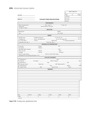 Job No.__________________
________________________
B/M No.__________________ COOLING TOWER SPECIFICATIONS
SPEC. DWG. NO.
A.
Page of Pages
Unit Price
No. Units
Item No.
P.O.Tet __________________________________________________________________________________________________________
By Chk.d. App. Rev. Rev. Rev.
Date
REMARKS
AUXILIARY EQUIPMENT
MATERIALS OF CONSTRUCTION
DESIGN
SELECTION
PERFORMANCE
Water Circulating Rese: _____________________________ Spm. Temp. Fn: ________________8F Temp. Out: ________________________8F
Cooling Duly _______________________________Stu/Hrs Perform, Test Cose ____________________________________________________
*As Option of Owner ___________________________________________________________________________________________________
Manufacturer: ____________________________________________________________ Models ______________________________________
Type: ___________________________________________________________________ No. of Calls: _________________________________
Frame work ___________________________ Casing _______________________________ Fill ________________________________________
Fen Cylinder __________________________ Steirway _________________________________________________________________________
Salts Nutes, Mise, Hardware ___________________________________________________ Nails _______________________________________
Water Inlet Hdrs. _______________________ Mexxles _______________________________ Basin _____________________________________
Fen Blade ____________________________ Fen Hub _______________________________ Fan Sheft. _________________________________
Code for Lumber Grades _____________________________ Code for Lumbar Strech Design __________________________________________
**Exceptions B1 and Lending, See Inquiry or P.O. ______________________________________________________________________________
Wet Bulb Temp: ______________ *Fx Static Pumping Ht. _____________________ Ft. Elf. Cool. Vol. ____________________________ Cu. Ft.
Fill Wetted Surf. _______________ Sq.Fts. Total Wetted Surf. ____________________Sq. Fts. EN. Splash Surf. ___________________ Cu. Ft.
No. of Fens Req'd. _____________ Clm/Fen ________________________; SteNc Press ___________ In. H2O;Normal BHP/Fen_____________
Evaporation Less. Max, % ______________________________ Saray Less. Max. % ________________________________________________
Driver
Geer
Fen
Manufacturer________________________________________________________ Type _________________________________________
Diameter ________________ Fts. Speed ______________________ RPM: Tip Speed _______________________________________ Spm.
Manufacturer ______________________________________ Type ________________________________ Size ______________________
ReducNon Restle ___________________ Reted Cop. _____________________ BHP: Mechanical EN. ____________________________%
Manufactuerer __________________________________________ Type ___________________________ Speed ________________ RPM
Electric Power ________________________ BHP _________________ Service Factor __________________ Frame __________________
Figure 9.18. Cooling tower specifications form.
274 DRYERS AND COOLING TOWERS
 