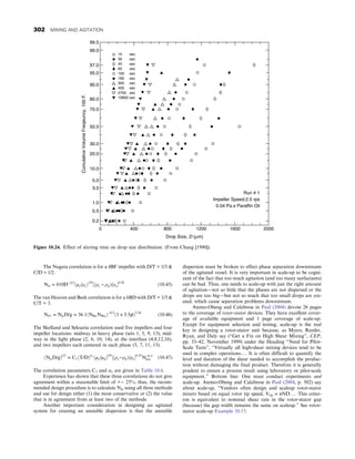 The Nagata correlation is for a 4BF impeller with D/T = 1/3 
C/D = 1/2.
Njs = 610D−2/3
ðμc/ρcÞ1/9
½ðρc − ρdÞ/ρc0:26
(10.45)
The van Heuven and Beek correlation is for a 6BD with D/T = 1/3 
C/T = 3.
NFr = NjsD/g = 36:1ðNReNWeÞ−0:2
ð1 + 3:5ϕÞ2:34
(10.46)
The Skelland and Seksaria correlation used five impellers and four
impeller locations: midway in heavy phase (sets 1, 5, 9, 13), mid-
way in the light phase (2, 6, 10, 14), at the interface (4,8,12,16),
and two impellers each centered in each phase (3, 7, 11, 15).
ðNjsD/gÞ1/2
= C1ðT/DÞα1
ðμc/μdÞ1/9
½ðρc−ρdÞ/ρc0:25
N−0:3
Go (10.47)
The correlation parameters C1 and α1 are given in Table 10.6.
Experience has shown that these three correlations do not give
agreement within a reasonable limit of +− 25%; thus, the recom-
mended design procedure is to calculate Njs using all three methods
and use for design either (1) the most conservative or (2) the value
that is in agreement from at least two of the methods.
Another important consideration in designing an agitated
system for creating an unstable dispersion is that the unstable
dispersion must be broken to effect phase separation downstream
of the agitated vessel. It is very important in scale-up to be cogni-
zant of the fact that too much agitation (and too many surfactants)
can be bad. Thus, one needs to scale-up with just the right amount
of agitation—not so little that the phases are not dispersed or the
drops are too big—but not so much that too small drops are cre-
ated, which cause separation problems downstream.
Atemo-Obeng and Calabrese in Paul (2004) devote 26 pages
to the coverage of rotor-stator devices. They have excellent cover-
age of available equipment and 1 page coverage of scale-up.
Except for equipment selection and testing, scale-up is the real
key in designing a rotor-stator unit because, as Myers, Reeder,
Ryan, and Daly say (“Get a Fix on High Shear Mixing”, CEP,
pp. 33–42, November 1999) under the Heading “Need for Pilot-
Scale Tests”, “Virtually all high-shear mixing devices tend to be
used in complex operations…. It is often difficult to quantify the
level and duration of the shear needed to accomplish the produc-
tion without damaging the final product. Therefore it is generally
prudent to ensure a process result using laboratory or pilot-scale
equipment.” Bottom line: One must conduct experiments and
scale-up. Atemo-Obeng and Calabrese in Paul (2004, p. 502) say
about scale-up, “Vendors often design and scaleup rotor-stator
mixers based on equal rotor tip speed, Vtip = πND: … This criter-
ion is equivalent to nominal shear rate in the rotor-stator gap
(because) the gap width remains the same on scaleup.” See rotor-
stator scale-up Example 10.15.
0 400 800 1200 1600 2000
0.2
0.5
1.0
3.0
5.0
10.0
20.0
30.0
50.0
70.0
80.0
90.0
95.0
97.0
99.0
99.5
Drop Size, D (µm)
Cumulative
Volume
Freqeuncy,
100
F.
15 sec
30 sec
45 sec
60 sec
120 sec
180 sec
300 sec
450 sec
2700 sec
10800 sec
Run # 1
Impeller Speed:2.5 rps
0.04 Pa.s Paraffin Oil
Figure 10.24. Effect of stirring time on drop size distribution. (From Chang [1990]).
302 MIXING AND AGITATION
 