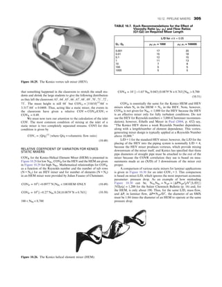 that something happened in the classroom to stretch the small stu-
dents and shrink the large students to give the following distribution
as they left the classroom: 63″
, 64″
, 65″
, 66″
, 67″
, 68″
, 69″
, 70″
, 71″
, 72″
,
73″
: The mean height is still 68″
but COVO = ½110/101/2
/68″
=
3:317″
/68″
= 0:0488: Thus, acting like a static mixer, the events in
the classroom have given a relative COV = COVO/COV1 =
COVR = 0:49:
We must now turn our attention to the calculation of the inlet
COV. The most common condition of mixing at the inlet of a
static mixer is two completely separated streams. COVI for this
condition is given by
COV1 = ðQ/qÞ1/2
ðwhere Q/q =volumetric flow ratioÞ
(10.48)
RELATIVE COEFFICIENT OF VARIATION FOR KENICS
STATIC MIXERS
COVR for the Kenics Helical Element Mixer (HEM) is presented in
Figure 10.28 for low NRe. COVR for the HEV and the HEM are given
in Figure 10.29 for high NRe. Mathematical relationships for COVR
as a function of the Reynolds number and the number of tab rows
(N = Ntr) for an HEV mixer and for number of elements (N = Ne)
in an HEM mixer were provided by Julian Fasano of Chemineer.
COVR = 10∧
ð−0:0977
NÞNRe  100 HEM ONLY (10.49)
COVR = 10∧
½ð−0:27
NRe
^0:24Þð0:0879
N + 0:763Þ (10.50)
100  NRe 8,700
COVR = 10^½ð−1:65
NRe
^0:043Þð0:0879
N + 0:763ÞNRe  8,700
(10.51)
COVR is essentially the same for the Kenics HEM and HEV
mixers when Ne in the HEM = Ntr in the HEV. Note, however,
COVR is not given for NRe  1,000 for the HEV because the HEV
is an effective mixer only for fully turbulent conditions. Do not
use the HEV for Reynolds numbers  3,000 (Chemineer recommen-
dation); however, Ethells and Meyer in Paul (2004, p. 432) say,
“The Kenics HEV shows a weak Reynolds Number dependence,
along with a length/number of element dependence. This vortex-
generating mixer design is typically applied at a Reynolds Number
above 10,000.”
L/D = 1 for the standard HEV mixer; however, the L/D for the
placing of the HEV into the piping system is nominally L/D = 4,
because the HEV mixer produces vortexes, which provide mixing
downstream of the mixer itself, and Kenics has specified that three
pipe diameters of straight pipe must be attached to the exit of the
mixer because the COVR correlation they use is based on mea-
surements made at an (X/D) of 3 downstream of the mixer exit
proper.
A comparison of various static mixers for laminar applications
is given in Figure 10.30 for an inlet COV1 = 3. This comparison
is based on mixer L/D, which ignores the most important economic
parameter: pressure drop. As an example of how misleading
Figure 10.30 can be, NNeNRe = NΔP = ðΔPNΔP/½ρV2
fL/DgÞ
½VDρ/μ = 1,200 for the Sulzer Chemtech Bulletin (p. 16) and, for
the HEM, is only about 190. Thus, for the same L/D, mass flow,
and ΔP, in laminar flow, ΔP∝NΔP/D3
, the diameter of an SMX
must be 1.84 times the diameter of an HEM to operate at the same
pressure drop.
Figure 10.25. The Kenics vortex tab mixer (HEV).
Figure 10.26. The Kenics helical element mixer (HEM).
TABLE 10.7. Koch Recommendations for the Effect of
Viscosity Ratio (µ2: µ1) and Flow Ratios
(Q1:Q2) on Required Mixer Length
Q1: Q2
L/D for σ/x = 0:05
μ2: μ1 = 1000 μ2: μ1 = 100000
0.001 17 20
0.01 15 18
0.1 12 15
1 11 13
10 7 8
100 5 5
1000 5 5
10.12. PIPELINE MIXERS 305
 