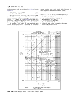 condition 1 and the other scale as condition 2, Eq. (10.71) becomes
Eq. (10.72).
ðP=VÞ2

ðP=VÞ1 = ðV2=V1Þðb−ad/cÞ/3
(10.72)
This is the relationship that can be used to determine HP/V,
and thus HP as scale-up is accomplished. For several Process
Results, based on the most commonly accepted values of the expo-
nents of N (i.e., c) and D (i.e., d) in Eq. (10.67) from the technical
literature, in both laminar and turbulent regimes, the relationship
between ðP/VÞ2

ðP/VÞ1 and ðV2/V1Þ is graphed in Figure 10.49.
The following Process Results are easily maintained upon
scale-up because equal (P/V) is a reasonable or conservative
scale-up criterion. Keep in mind that the scale-up methods pre-
sented here are all for Geometrically Similar systems.
EASY SCALE-UP AT CONSTANT PROCESS RESULT
1. Blend Time, LAMINAR.
2. Heat Transfer Coefficient, TURBULENT
3. Solids Suspension, TURBULENT
4. Liquid Suspension, TURBULENT
5. Drop Size, TURBULENT
6. Volumetric Mass Transfer Coefficient, TURBULENT
7. Interstage Backmixing Velocity
1 10 100 1000
Figure 1 P/V Scale-up to Obtain Equal Physical
or Process Result
0.01
0.1
1
10
100
FIGURE 15-1
SCALEUP BASED ON P/V TO
OBTAIN EQUAL PROCESS RESULTS
PAGE
XIV-4
R
E
V
(P/V) 2
(P/V) 1
V2
V1
D2
D1
=
3
Equal Heat Transfer
Per Unit Volume - T
Equal Heat Transfer
Per Unit Volume - L
Equal Blend
Time - T
Equal Heat Transfer Coefficient,
Stationary Surfaces - T
Equal bubble and drop diameter - T
Equal Heat Transfer Coefficient - L
Equal Blend Time - L
coefficient: particles
bubbles, drops -T
Equal mass and heat transfer
Solids Suspension - T
Equal Tip
Speed - T
Equal Tip
Speed - L
Equal NRe (L  T)
Equal NFr
Figure 10.49. Penney Scale-up Chart for Various Process Results in Vessels.
324 MIXING AND AGITATION
 