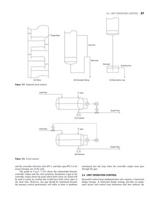 and the controller will close valve PV-1, and then open PV-2 to let
excess nitrogen out of the tank.
The graph in Figure 3.7(D) shows the relationship between
controller output and the valve positions. Sometimes a gap in the
controller output about the point where both valves are closed will
be used to assure no overlap that would have both valves open at
the same time. However, any gap should be minimized because
the pressure control performance will suffer as there is deadtime
introduced into the loop when the controller output must pass
through the gap.
3.4. UNIT OPERATION CONTROL
Successful control loop implementation also requires a functional
design strategy. A functional design strategy provides an equip-
ment layout and control loop interaction that best achieves the
Outlet Weir
(A) Weirs (B) Elevated Piping
Vent line
Seal loop
(C) Barometric Leg
Seal pan
Overflow line
Figure 3.5. Inherent level control.
(A) Forward
Inlet Flow Vent
LC
LT
Outlet Flow
(B) Reverse
Inlet Flow Vent
LC
LT
Outlet Flow
Figure 3.6. Level control.
3.4. UNIT OPERATION CONTROL 37
 