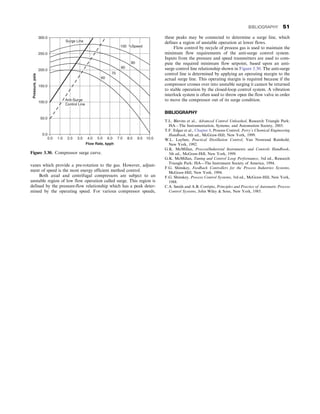 vanes which provide a pre-rotation to the gas. However, adjust-
ment of speed is the most energy efficient method control.
Both axial and centrifugal compressors are subject to an
unstable region of low flow operation called surge. This region is
defined by the pressure-flow relationship which has a peak deter-
mined by the operating speed. For various compressor speeds,
these peaks may be connected to determine a surge line, which
defines a region of unstable operation at lower flows.
Flow control by recycle of process gas is used to maintain the
minimum flow requirements of the anti-surge control system.
Inputs from the pressure and speed transmitters are used to com-
pute the required minimum flow setpoint, based upon an anti-
surge control line relationship shown in Figure 3.30. The anti-surge
control line is determined by applying an operating margin to the
actual surge line. This operating margin is required because if the
compressor crosses over into unstable surging it cannot be returned
to stable operation by the closed-loop control system. A vibration
interlock system is often used to throw open the flow valve in order
to move the compressor out of its surge condition.
BIBLIOGRAPHY
T.L. Blevins et al., Advanced Control Unleashed, Research Triangle Park:
ISA—The Instrumentation, Systems, and Automation Society, 2003.
T.F. Edgar et al., Chapter 8, Process Control. Perry’s Chemical Engineering
Handbook, 6th ed., McGraw-Hill, New York, 1999.
W.L. Luyben, Practical Distillation Control, Van Nostrand Reinhold,
New York, 1992.
G.K. McMillan, Process/Industrial Instruments and Controls Handbook,
5th ed., McGraw-Hill, New York, 1999.
G.K. McMillan, Tuning and Control Loop Performance, 3rd ed., Research
Triangle Park: ISA—The Instrument Society of America, 1994.
F.G. Shinskey, Feedback Controllers for the Process Industries Systems,
McGraw-Hill, New York, 1994.
F.G. Shinskey, Process Control Systems, 3rd ed., McGraw-Hill, New York,
1988.
C.A. Smith and A.B. Corripio, Principles and Practice of Automatic Process
Control Systems, John Wiley  Sons, New York, 1985.
0.0
50.0
100.0
150.0
200.0
250.0
300.0
10.0
Flow Rate, kpph
Pressure,
psia
100 %Speed
90
80
70
60
Surge Line
Anti-Surge
Control Line
0.0 1.0 2.0 3.0 4.0 5.0 6.0 7.0 8.0 9.0
Figure 3.30. Compressor surge curve.
BIBLIOGRAPHY 51
 