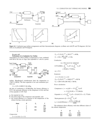 Figure 4.2. Combustion gas turbine arrangements and their thermodynamic diagrams. (a) Basic unit with PV and TS diagrams. (b) Unit
with an air preheater and TS diagram.
EXAMPLE 4.2
Performance of a Combustion Gas Turbine
Atmospheric air at 80°F (305K) is compressed to 5 atm, combined
with fuel at the rate of 1 kg/s, then expanded to 1 atm in a power
turbine. Metallurgical considerations limit the temperature to
1700°F (1200 K). The heat capacities of air and combustion pro-
ducts are
Cp = 0:95 + 0:00021T ðKÞ kJ/kg,
the heat of combustion is 42,000 kJ/kg, the furnace efficiency is
0.975, the isentropic efficiency of the compressor is 0.84, and that
of the expander is 0.89. Find
a. the required air rate,
b. the power loads of the compressor and expander, and
c. the overall efficiency as a function of the temperature of the
exhaust leaving a steam generator.
Point P Ts T
1 1 305
2 5 483 517
3 5 1200
4 1 802 846
5 1 400
Compression:
k = 1:4, k/ðk−1Þ = 3:5,
T2s = T1ðP2/P1Þ1/3:5
= 305ð5Þ1/3:5
= 483K,
T2 = 305 +
483 − 305
0:84
= 517K:
Combustion:
ma
′ = flow rate of air, kg/kg fuel
0:975ð42000Þ=
Z 1200
305
Cp dT + m′
a
Z 1200
517
Cp dT
= 991682 + 771985m′
a
ma
′ = 51:8
Expansion:
k = 1:33, k/ðk−1Þ = 4:0
T4s = T3ðP4/P1Þ0:25
= 1200ð0:2Þ0:25
= 802°K
T4 = 1200−0:89ð1200−802Þ = 846°K
Power calculations:
Compressor: wc
′ = −ma
′ ΔH = −51:8
Z 517
305
Cp dT
= −51:8ð216:98Þ = −11:240 kJ/s
Expandor: we
′ = 51:8
Z 517
305
Cp dT = 52:8ð412:35Þ = 21, 772 kJ/s
Steam generator: Q′ = 52:8
Z 846
T
Cp dT
ηt = overall efficiency =
21772 − 11380 + Q′
42000
The tabulation shows efficiency with three different values of
the exhaust temperature.
T Q′ ηt
846 0 0.247
600 14311 0.588
500 19937 0.722
4.3. COMBUSTION GAS TURBINES AND ENGINES 59
 