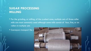 SUGAR PROCESSING
MILLING
• For the grinding, or milling, of the crushed cane, multiple sets of three-roller
mills are most commonly used although some mills consist of four, five, or six
rollers in multiple sets
• Conveyors transport the crushed cane from one mill to the next
 